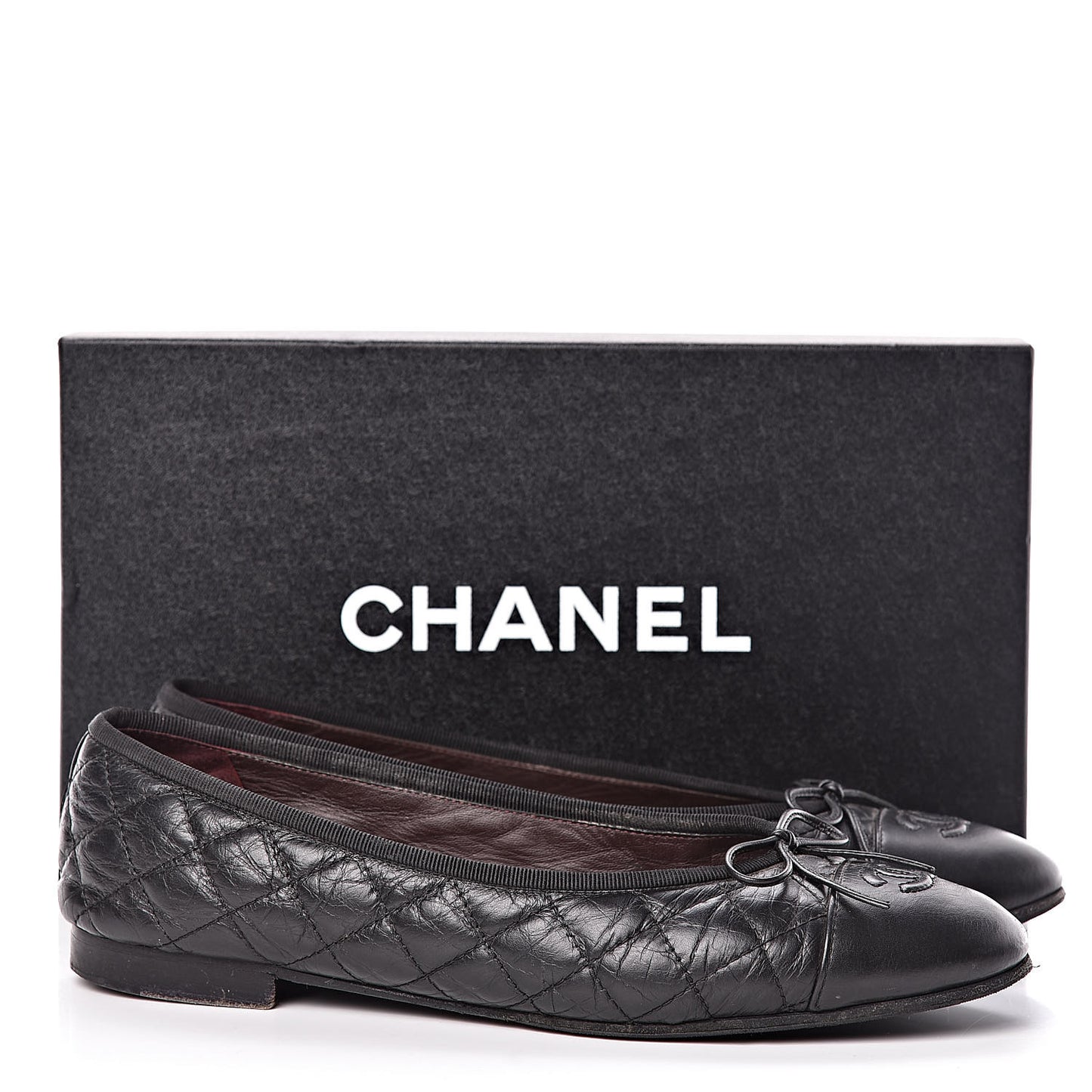 Aged Calfskin Quilted Cap Toe Ballerina Flats 40 Black