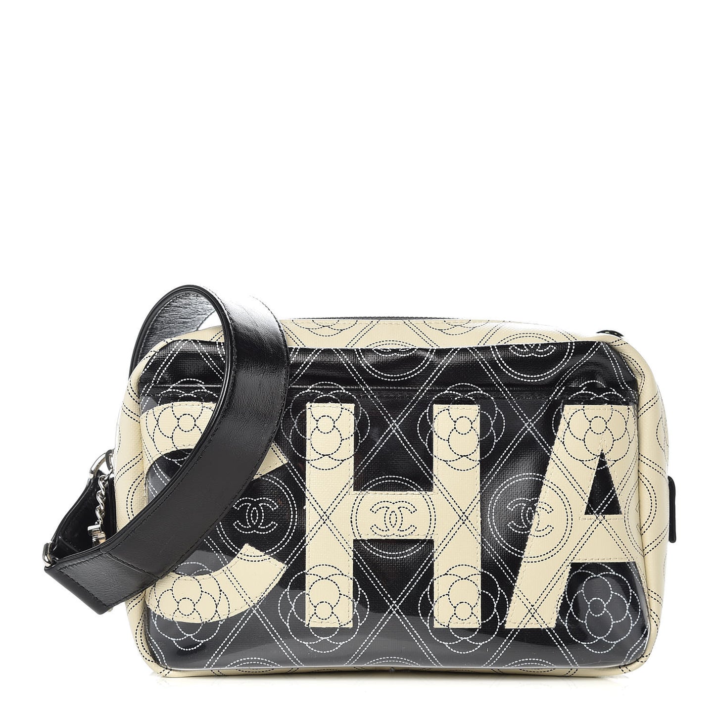 Coated Canvas Calfskin Camellia Printed Camera Case Black Beige