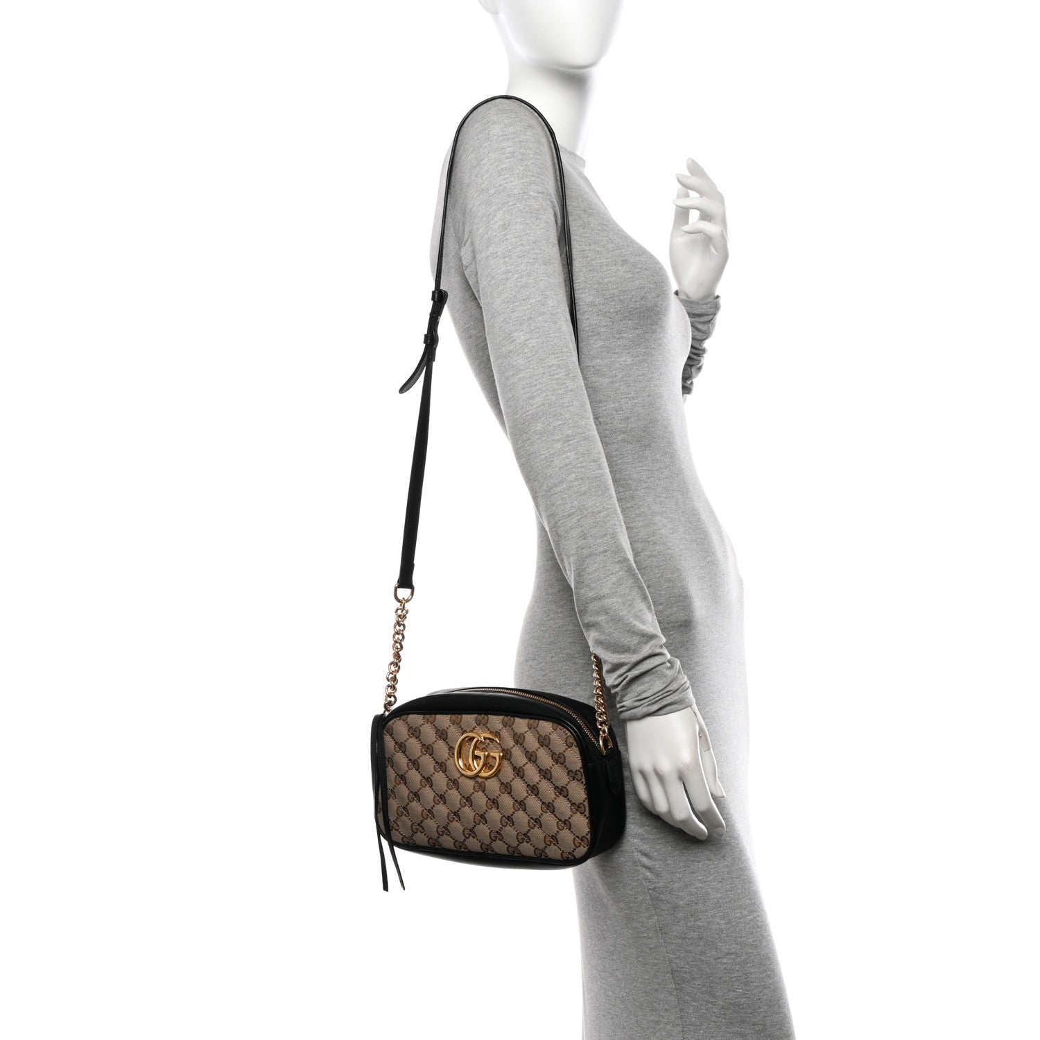 Gucci Monogram Matelasse Diagonal Small GG Marmont Chain Shoulder Bag Beige Black 2 of 14