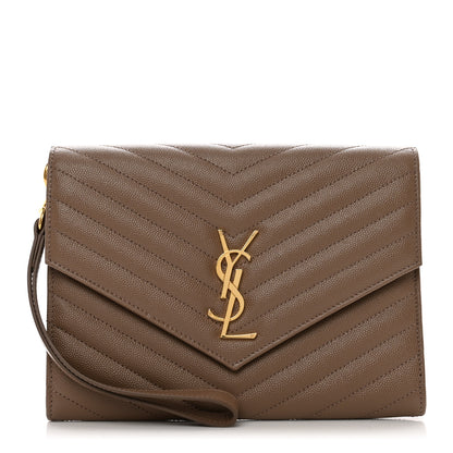 Saint Laurent Grain De Poudre Matelasse Chevron Monogram Cassandre Flap Pouch Taupe 1 of 8