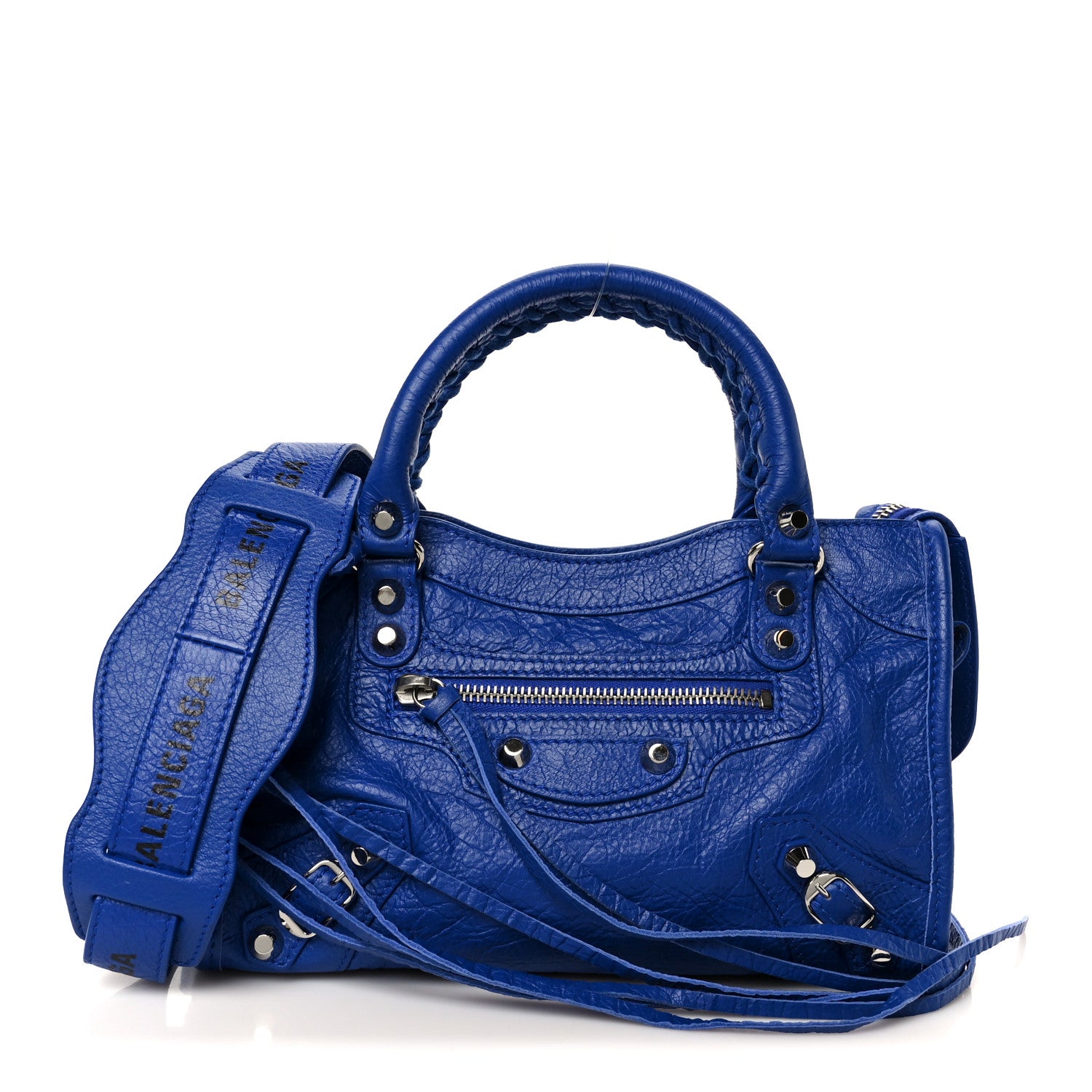 Balenciaga Agneau Classic Silver Hardware Mini City Logo Strap Bleu Electric Black 1 of 11