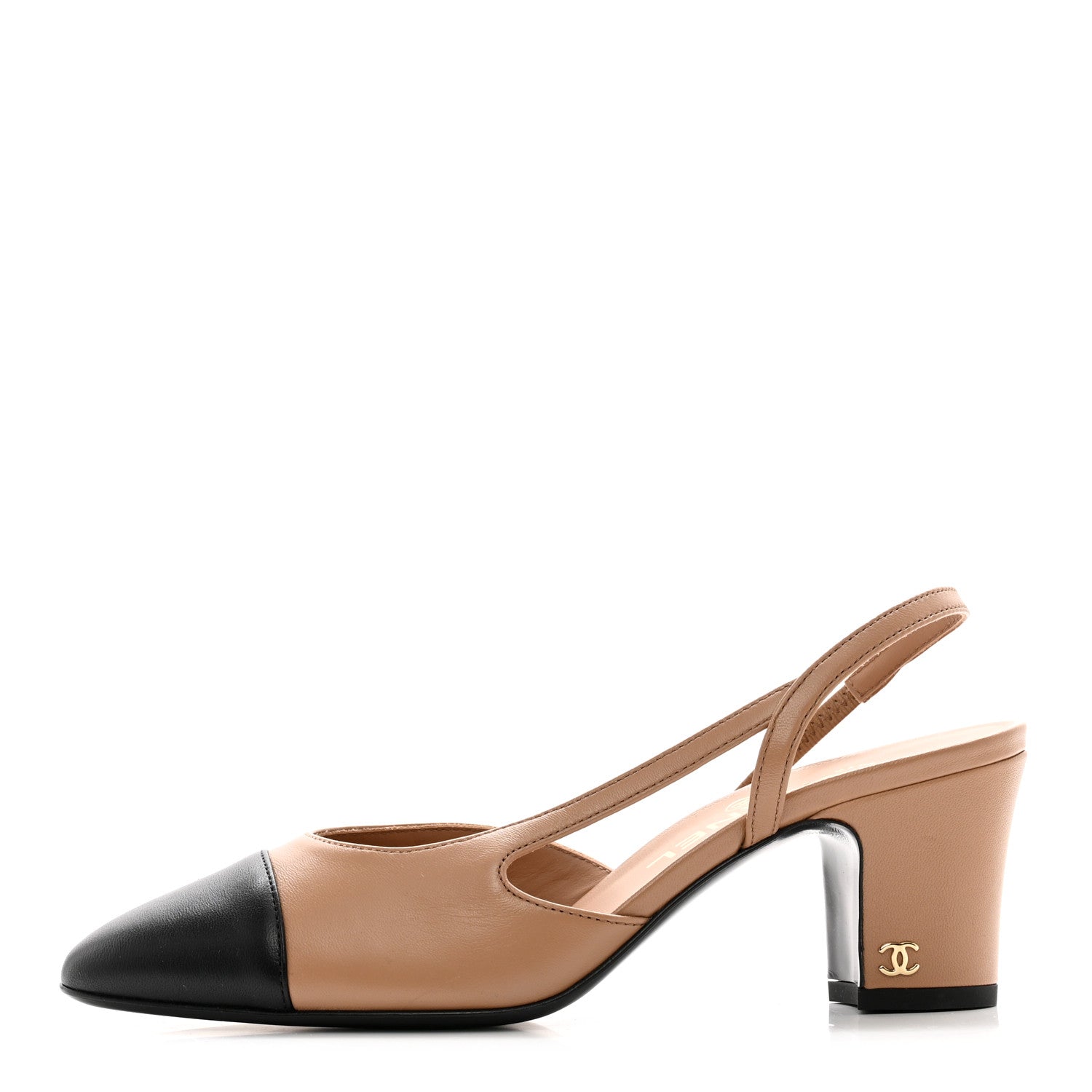 Chanel Goatskin Grosgrain Cap Toe CC Slingback Pumps 37 Beige Black 1 of 9