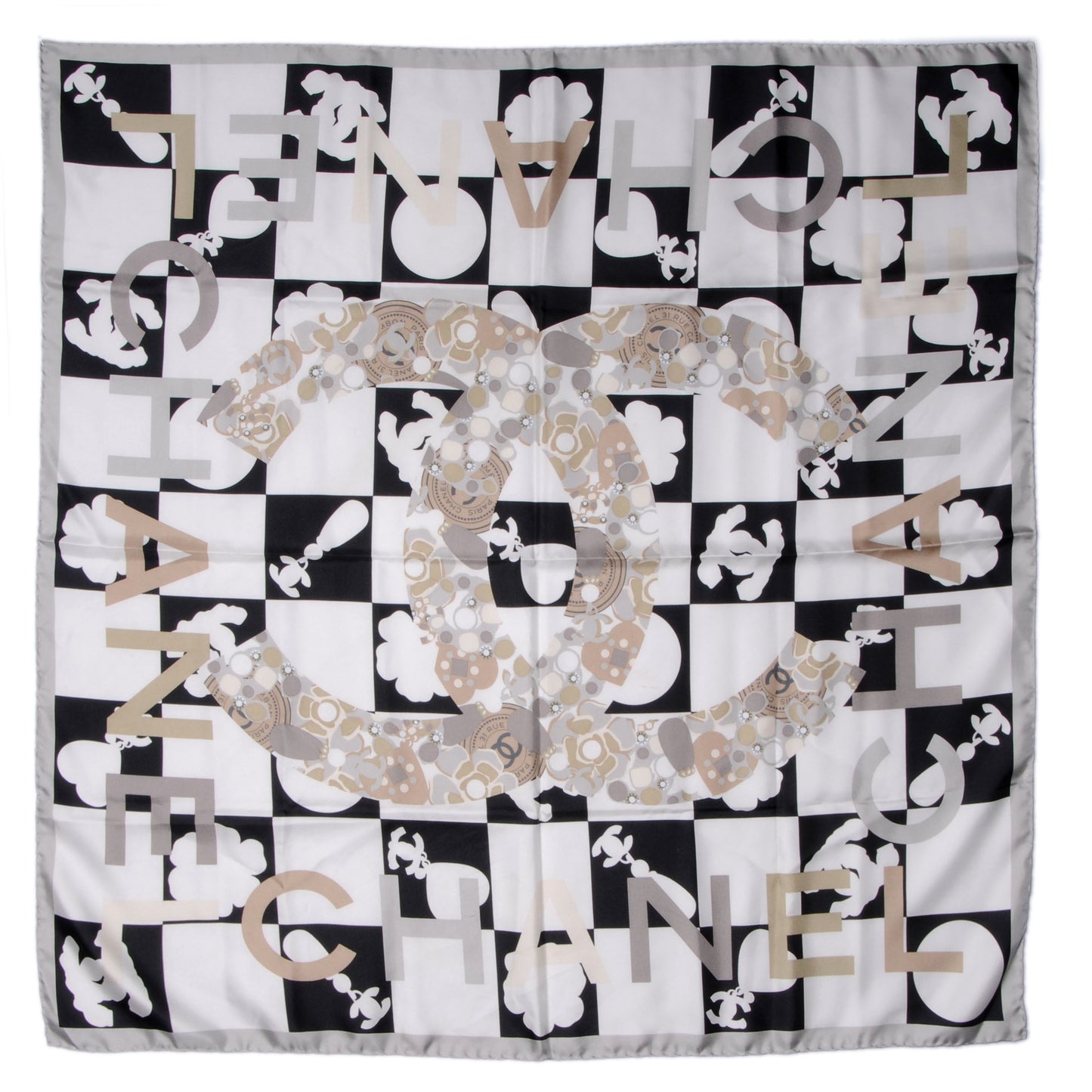 Silk CC Checkered Square Scarf Black White