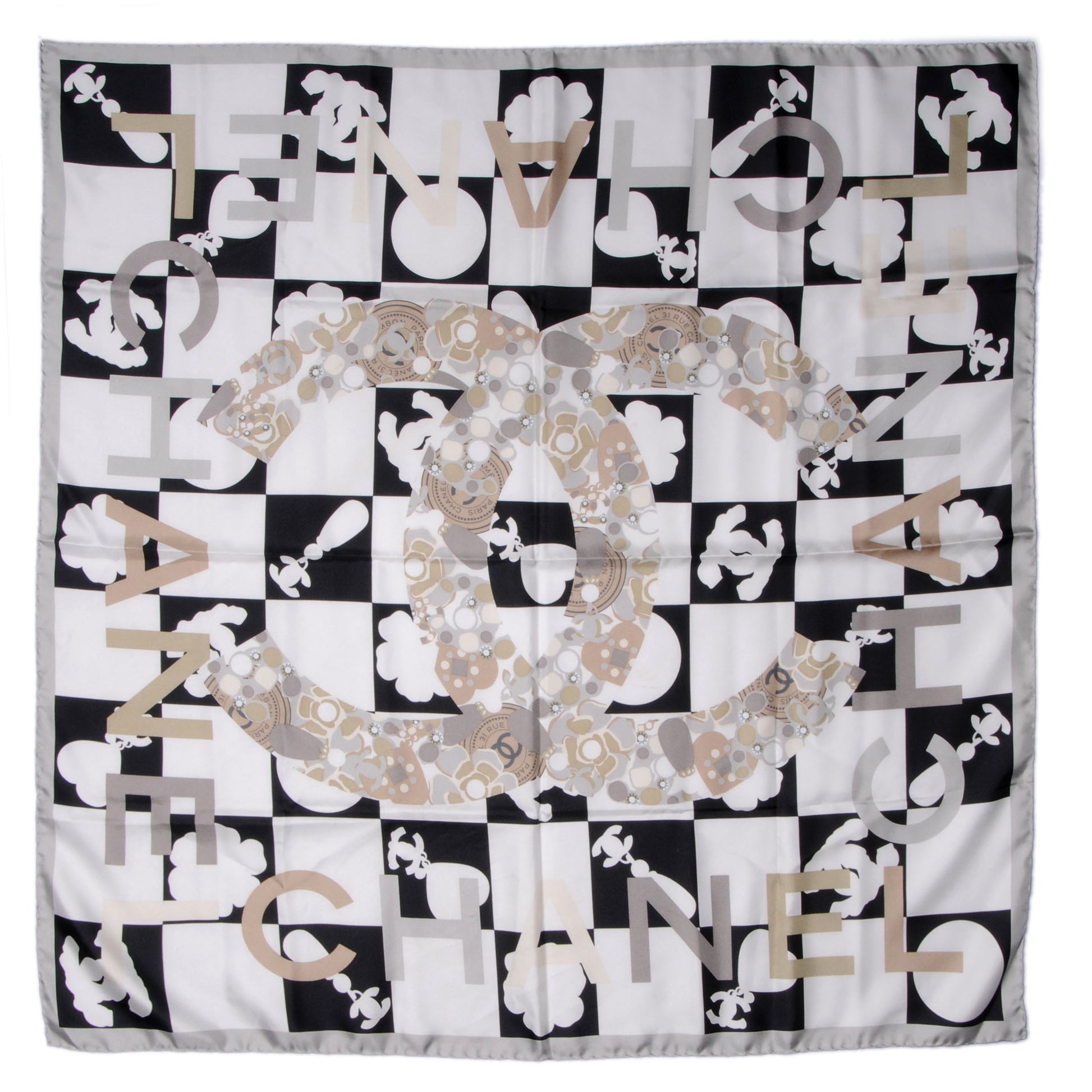 Chanel Silk CC Checkered Square Scarf Black White 2 of 4