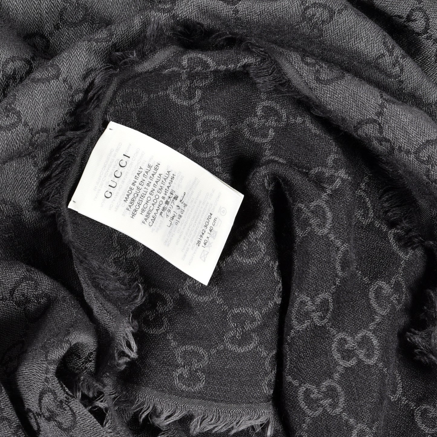 Wool Silk Monogram GGWeb Fringe Shawl Black Medium Grey