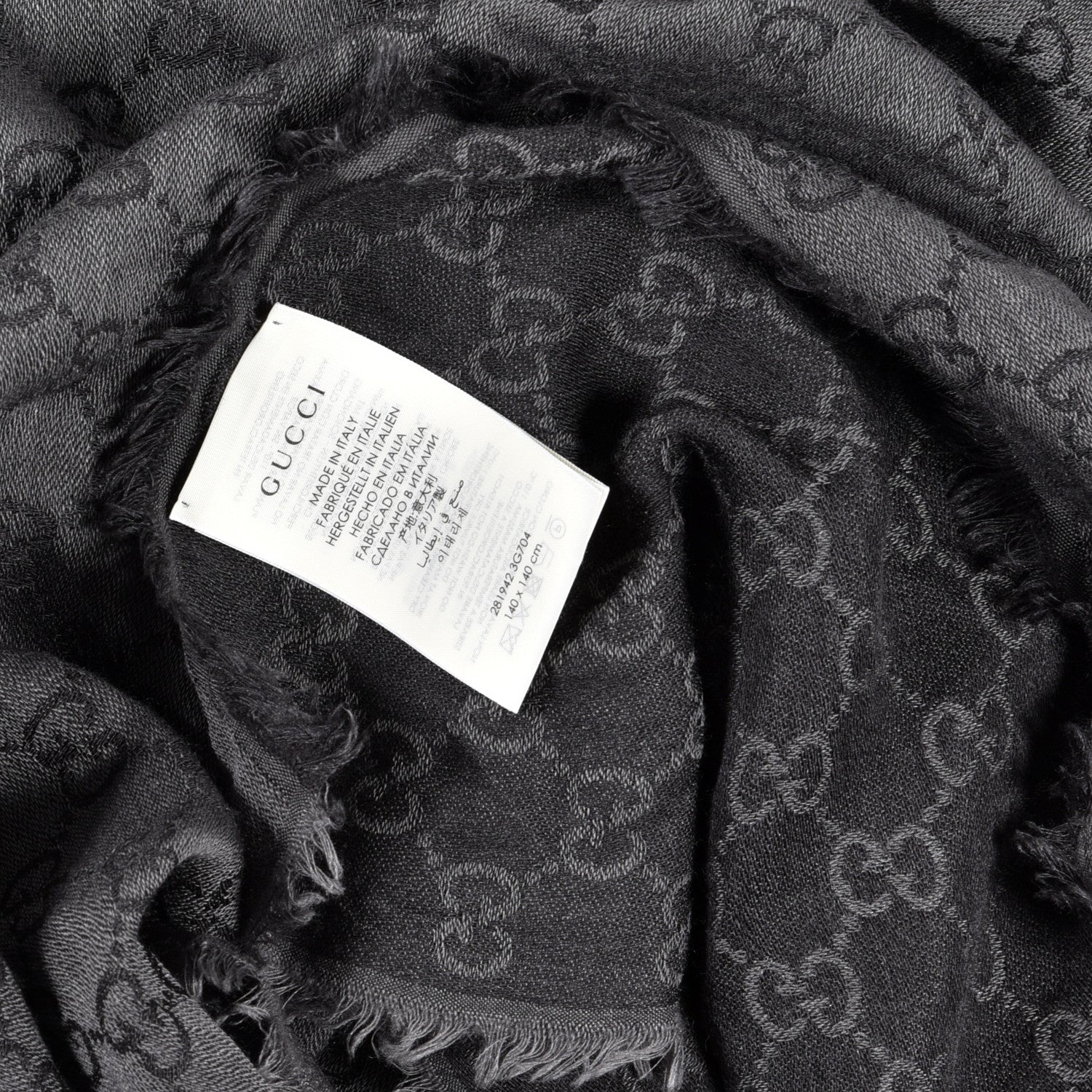 Gucci Wool Silk Monogram GGWeb Fringe Shawl Black Medium Grey 3 of 3