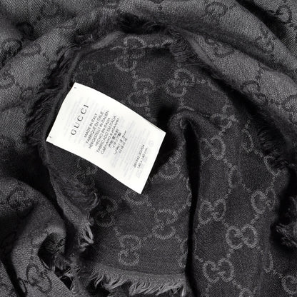 Gucci Wool Silk Monogram GGWeb Fringe Shawl Black Medium Grey 3 of 3