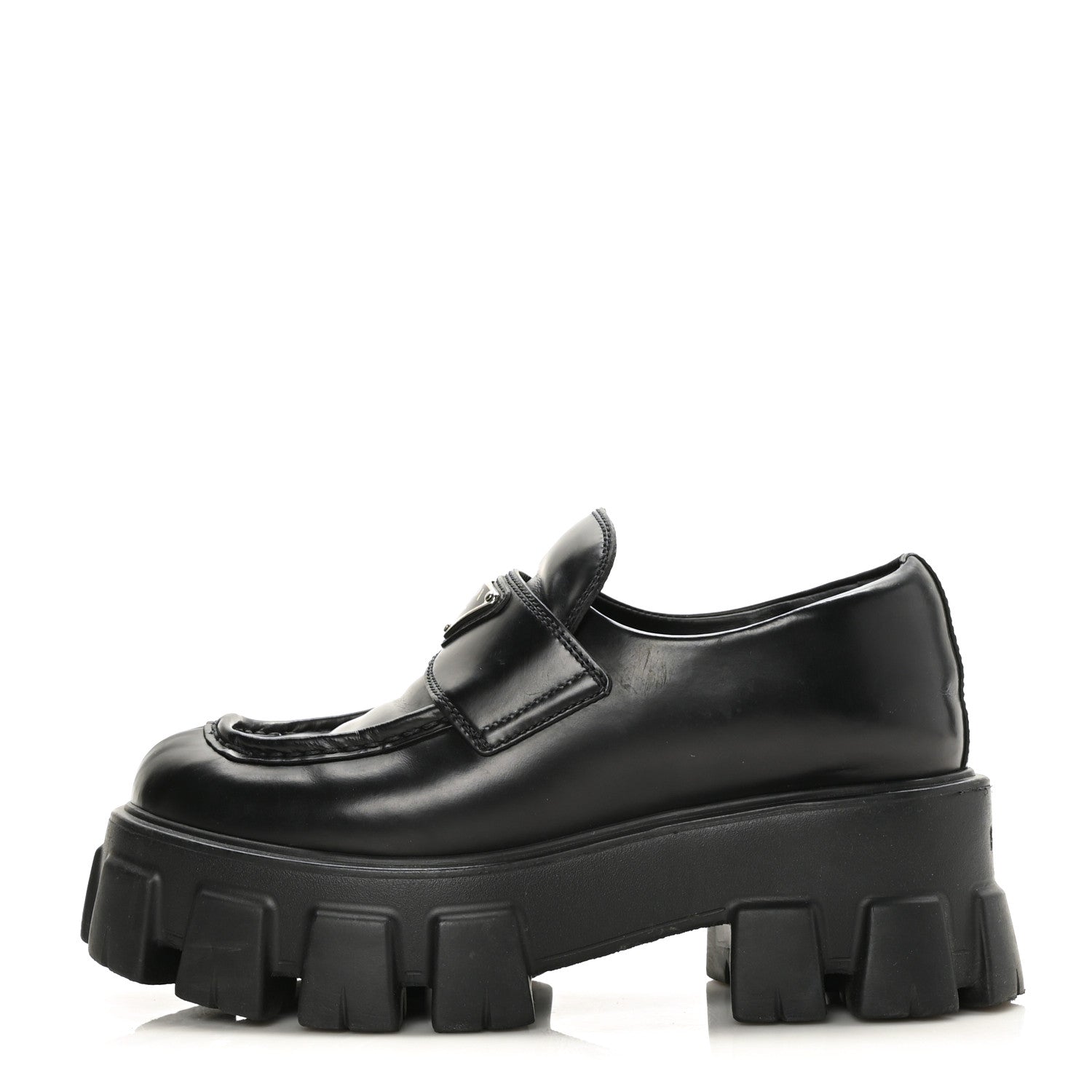 Prada Spazzolato Rois Metal Triangle Logo Monolith 55mm Loafers 35 Black 1 of 9