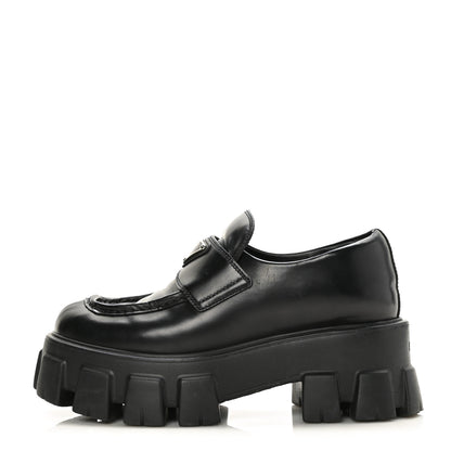 Prada Spazzolato Rois Metal Triangle Logo Monolith 55mm Loafers 35 Black 1 of 9