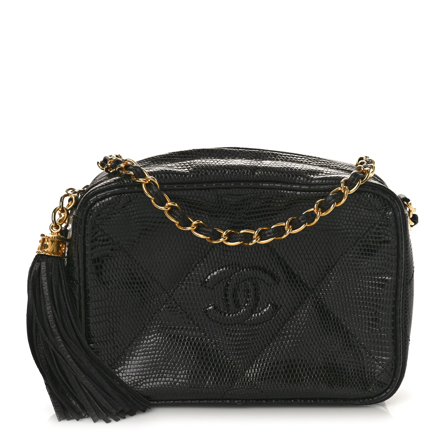 Lizard Diamond Quilted Small Tassel Camera Case Black