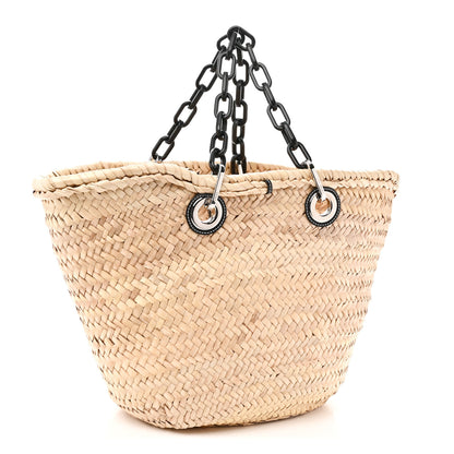 Loewe Raffia Calfskin Medium Chain Basket Tote Bag Natural Black 3 of 9
