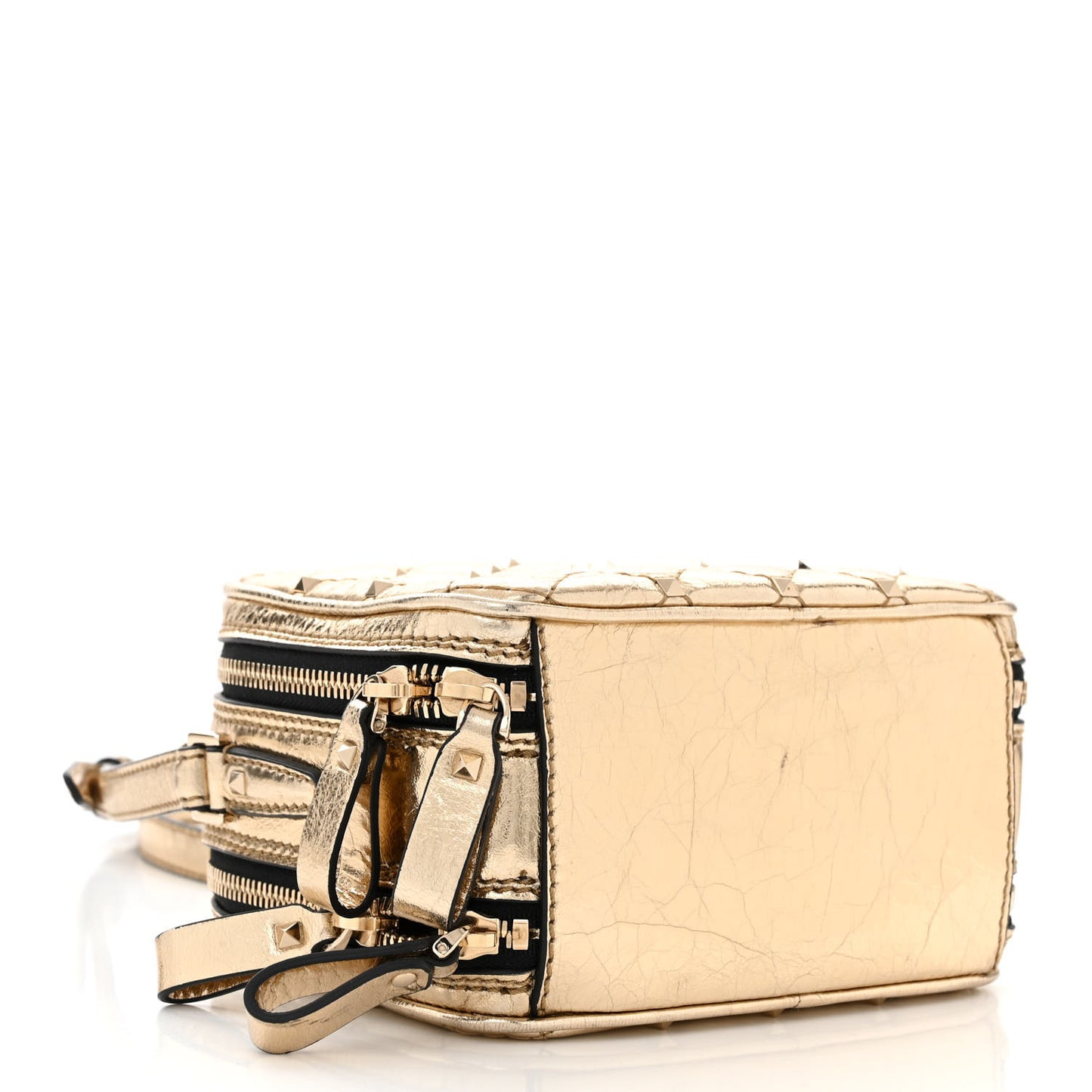 Metallic Wrinkled Lambskin Rockstud Spike Double Zip Camera Crossbody Bag Mekong