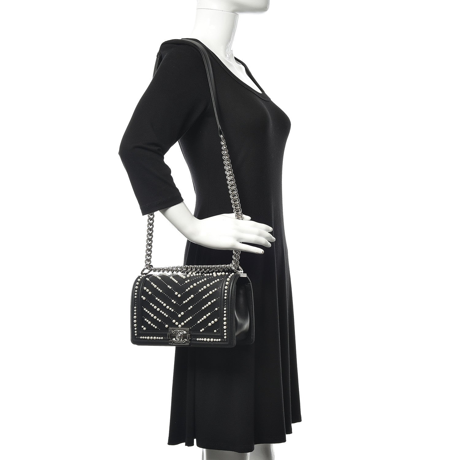 Chanel Calfskin Pearl Chevron Medium Boy Flap Black 2 of 13