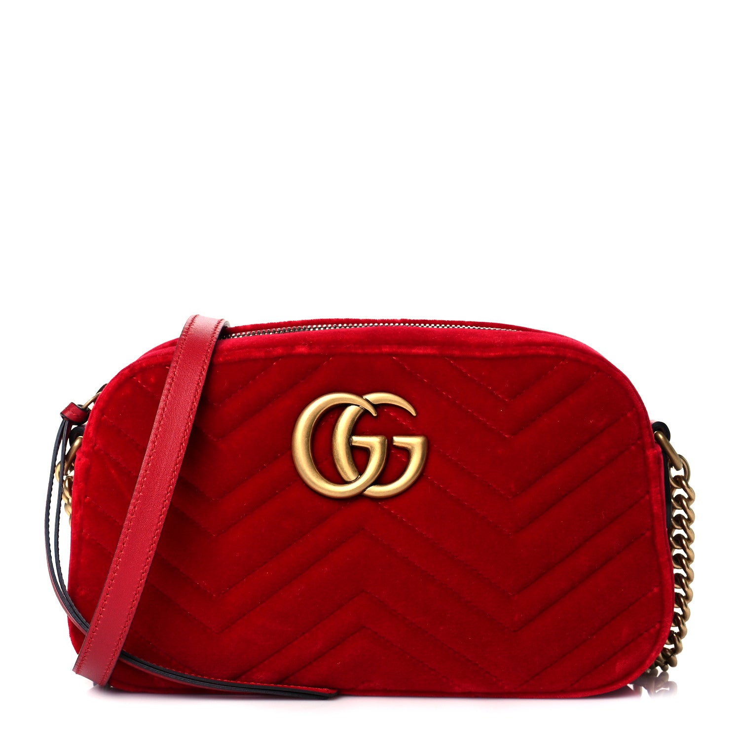 Gucci Velvet Matelasse Small GG Marmont Chain Shoulder Bag Hibiscus Red 1 of 10