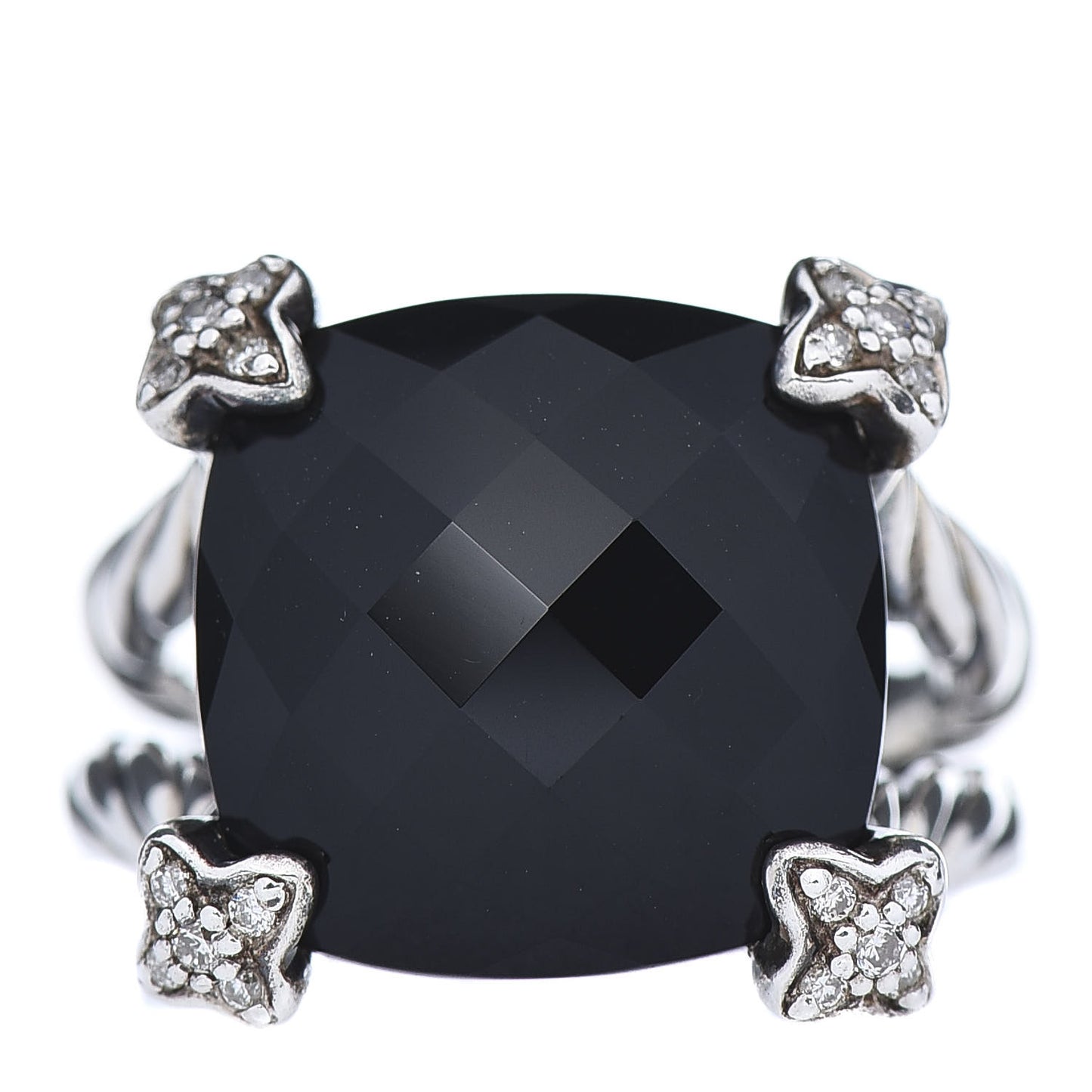 Sterling Silver Diamond Black Onyx 14mm Cushion On Point Ring 54 6.75