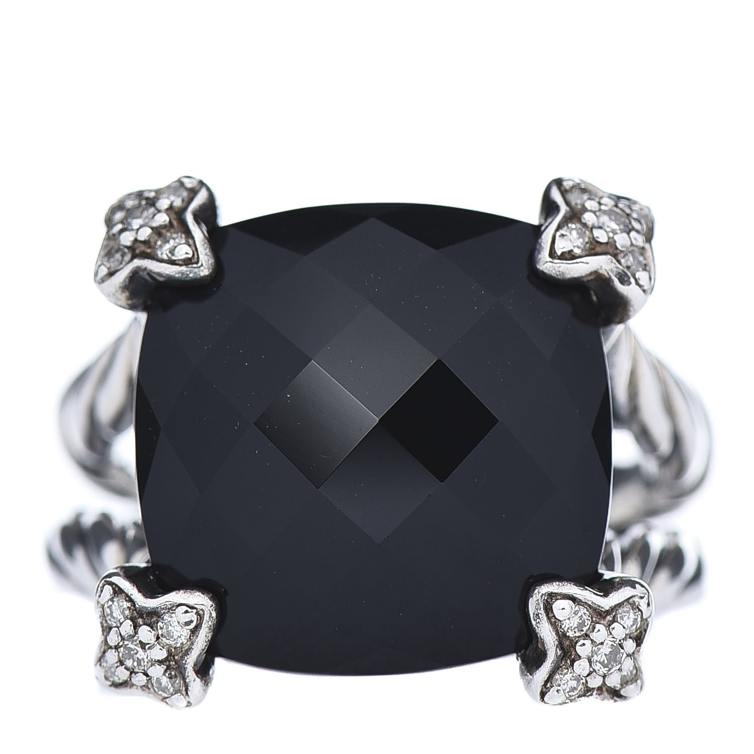 David Yurman Sterling Silver Diamond Black Onyx 14mm Cushion On Point Ring 54 6.75 1 of 5