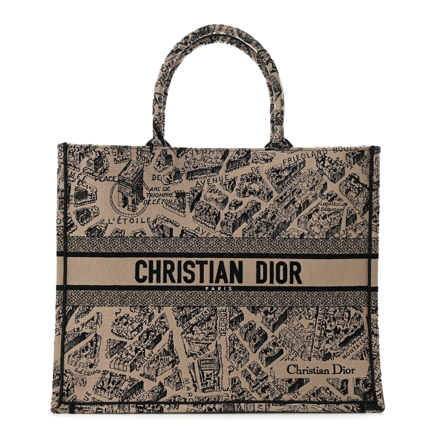 Canvas Embroidered Large Plan De Paris Book Tote Beige Black