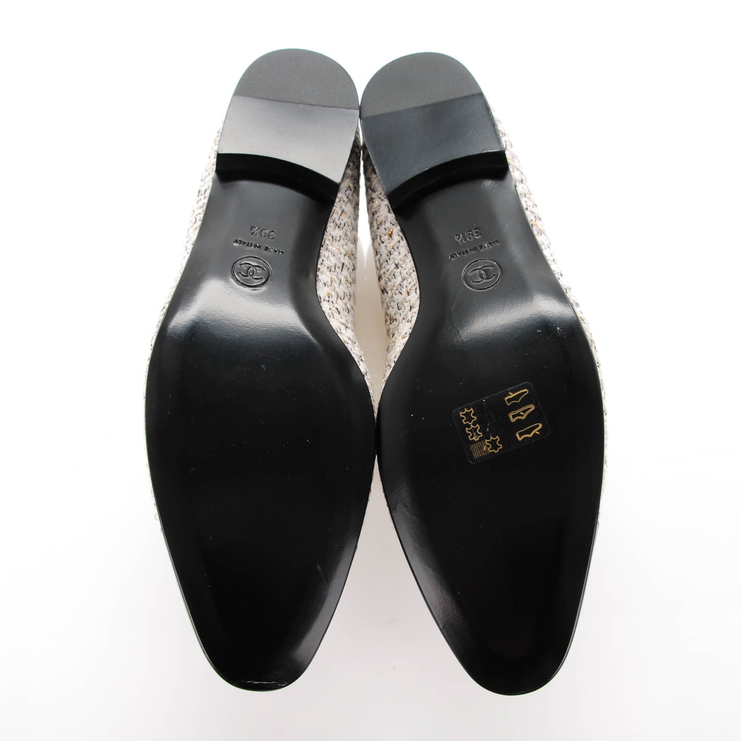 Chanel Tweed Patent Cap Toe Charm Loafers 39.5 Ecru Black Gold 6 of 11