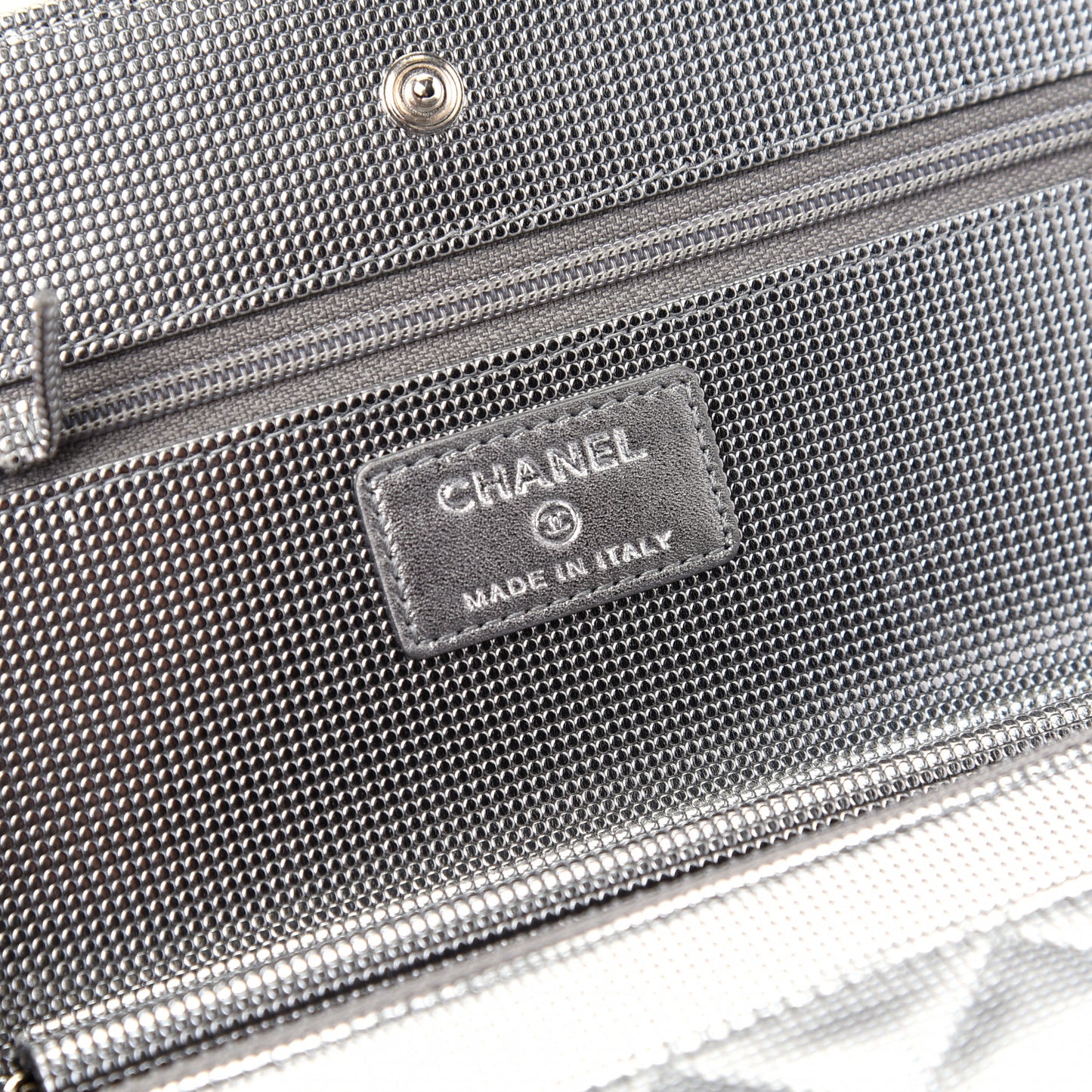 Metallic Calfskin Quilted Pixel Effect Wallet on Chain WOC Silver