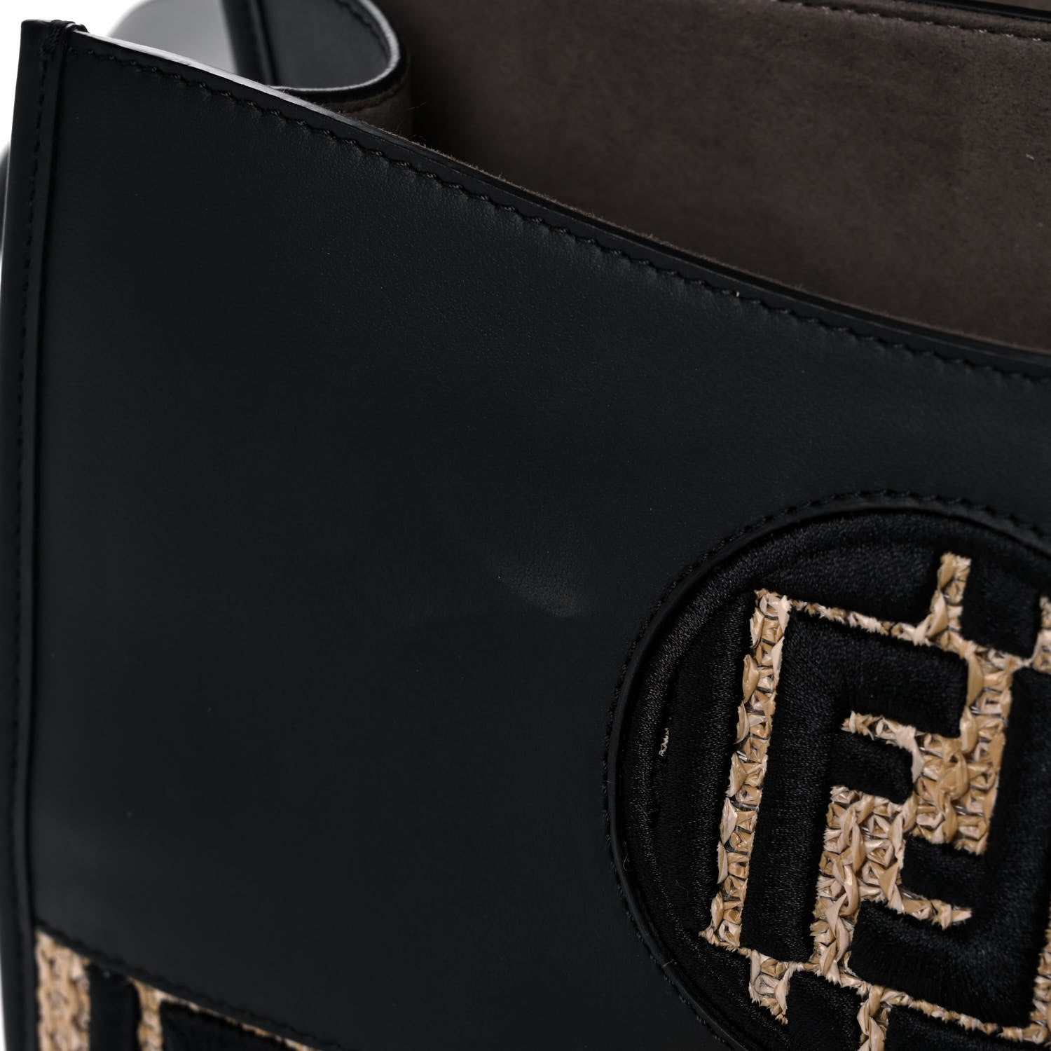 Fendi Vitello Century Raffia Snakeskin F is Fendi FF Woven Embroidered Kan I Shoulder Bag Black Natural 15 of 15