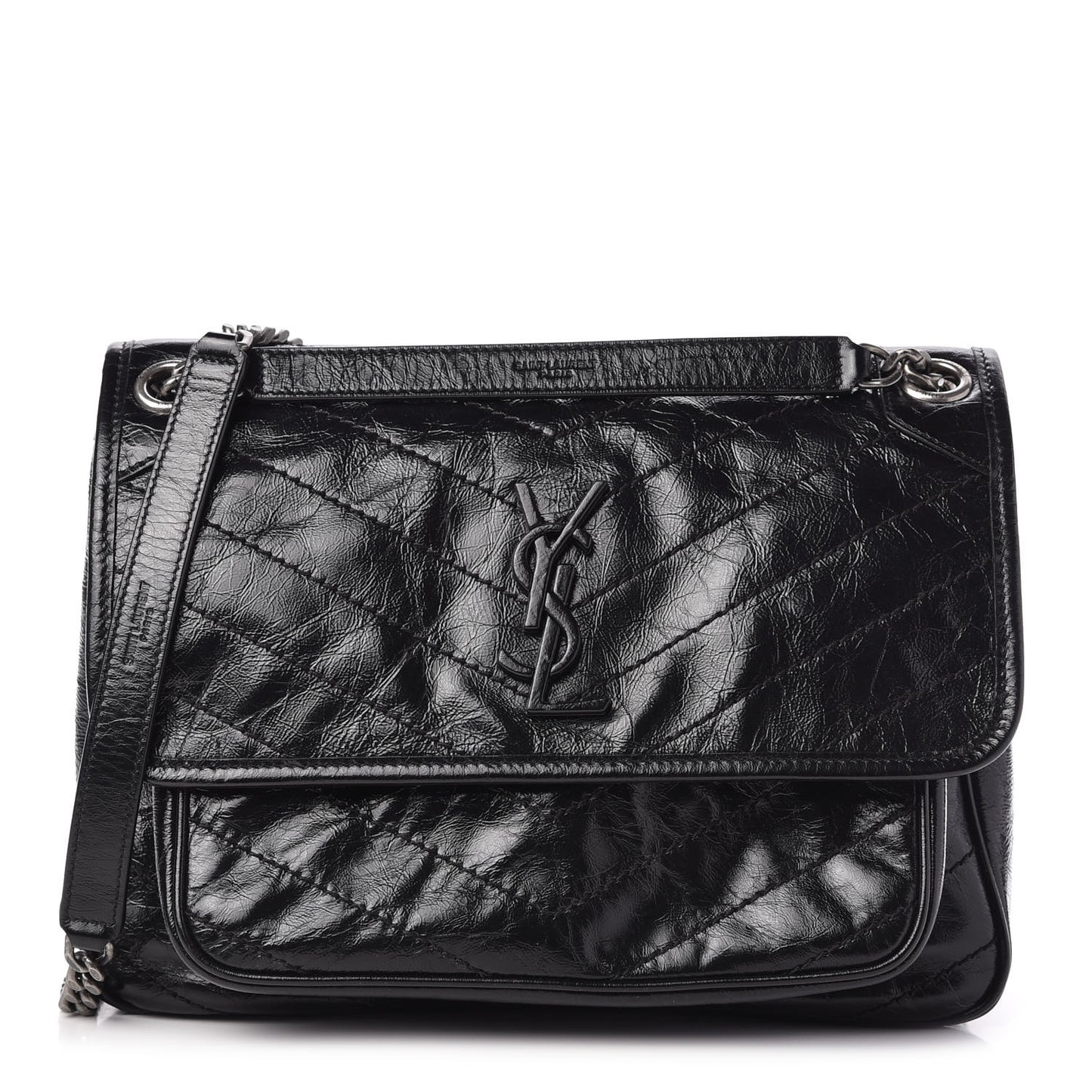Crinkled Calfskin Matelasse Monogram Medium Niki Chain Satchel Black