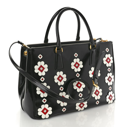 Prada Spazzolato Floral Medium Galleria Double Zip Tote Black White 3 of 9