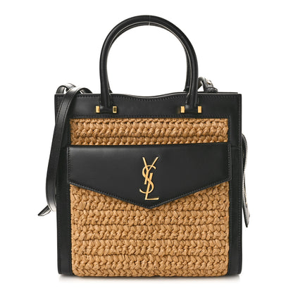Saint Laurent Raffia Calfskin Small Uptown Tote Black Natural 1 of 8