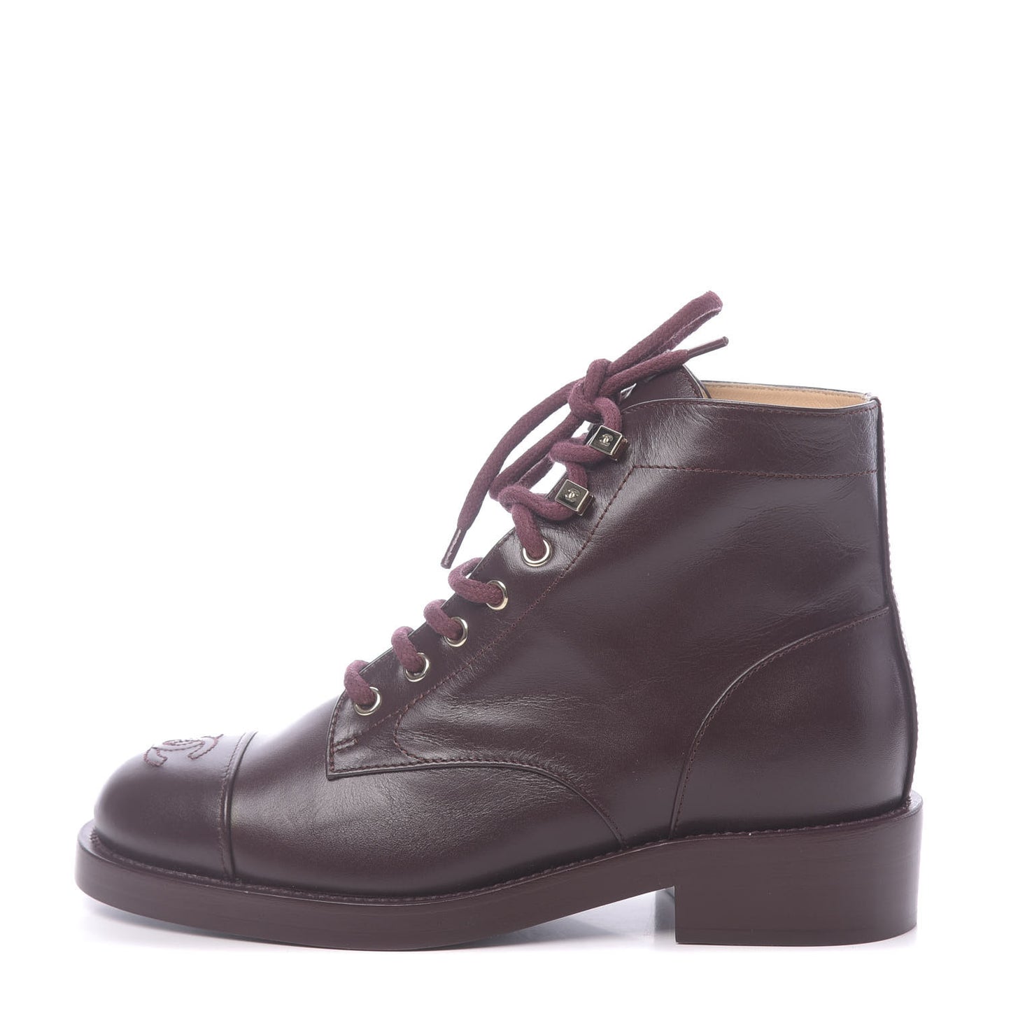 Calfskin Lace Up CC Short Boots 36.5 Burgundy
