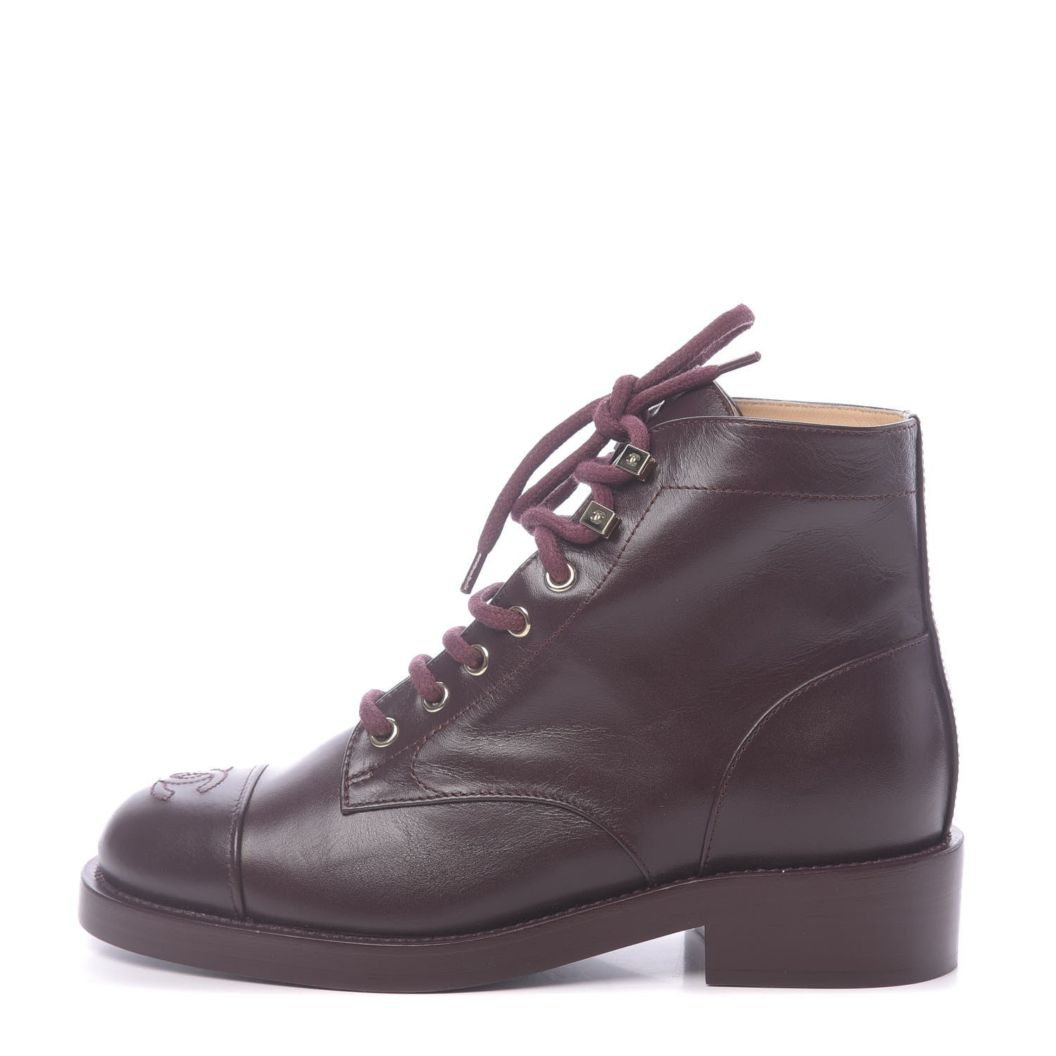 Chanel Calfskin Lace Up CC Short Boots 36.5 Burgundy 1 of 9