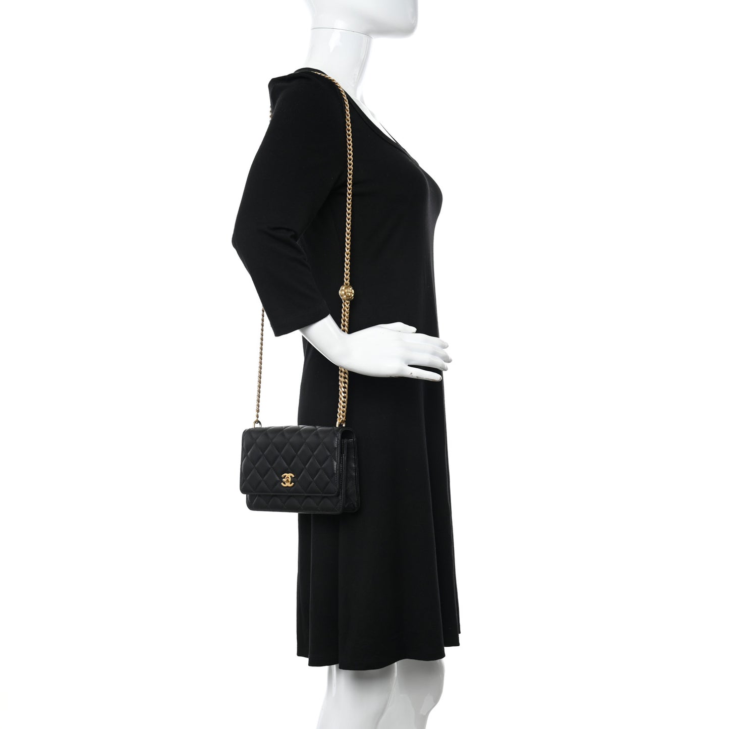 Lambskin Quilted Sweet Camellia Wallet on Chain WOC Black