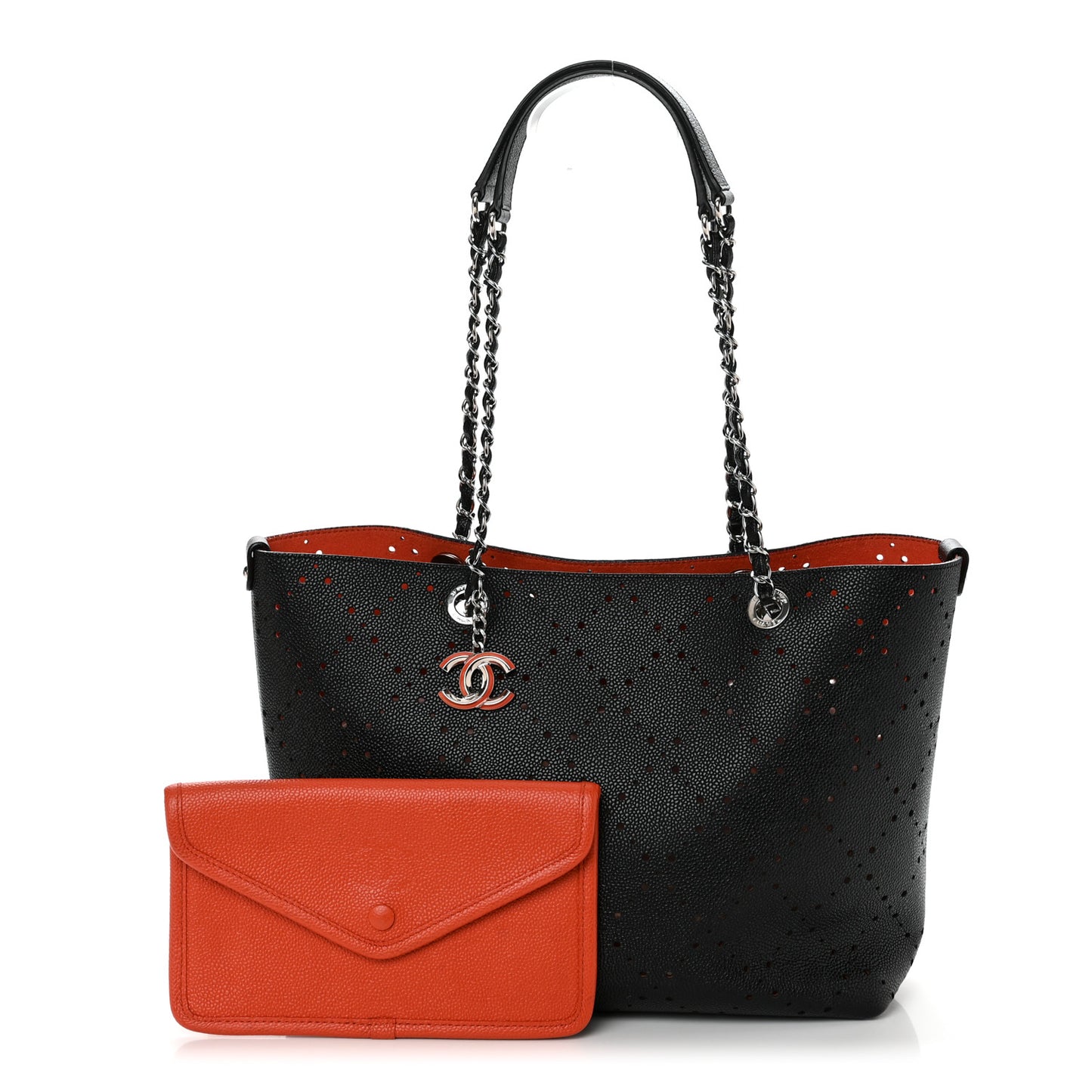Perforated Grained Calfskin Small Shopping Tote Black