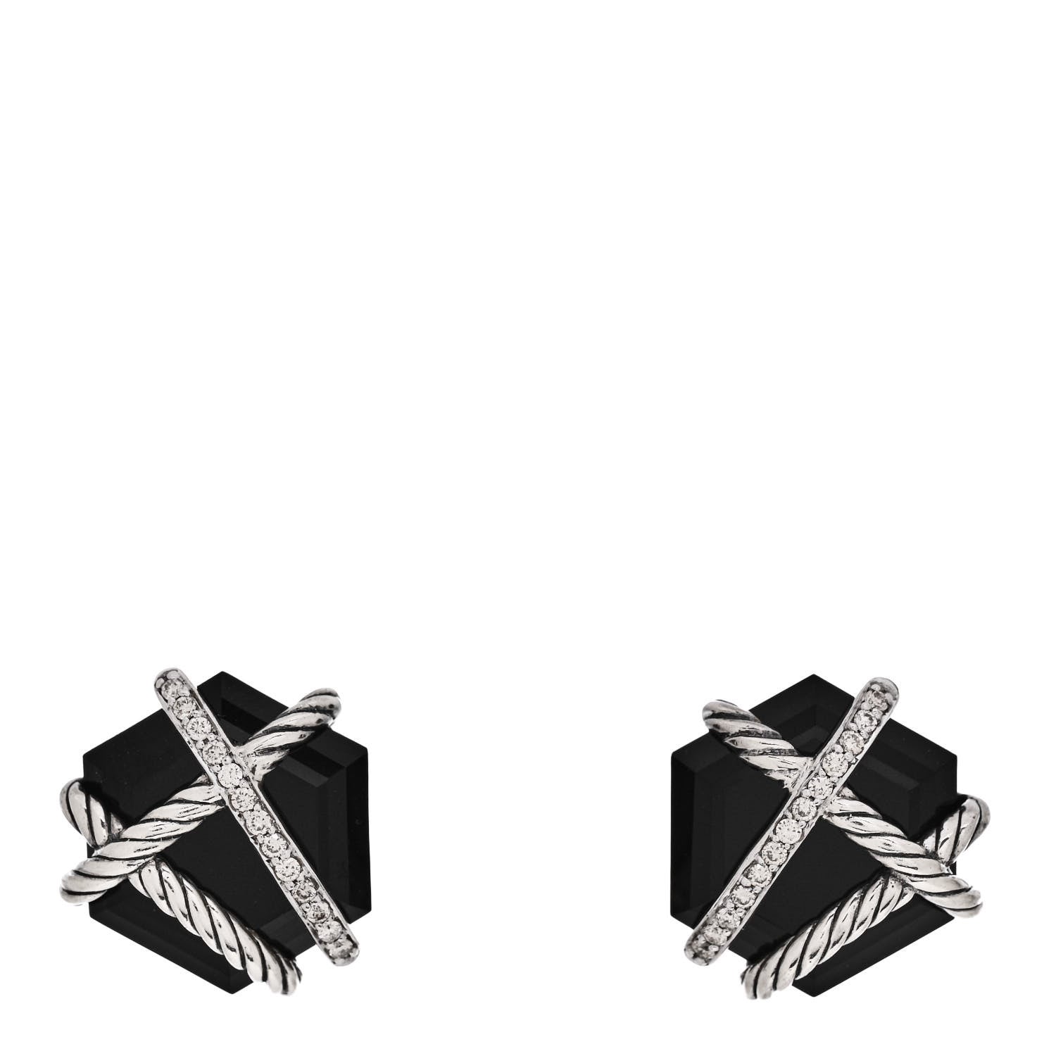 David Yurman Sterling Silver Diamond Black Onyx 14mm Cable Wrap Earrings 1 of 4