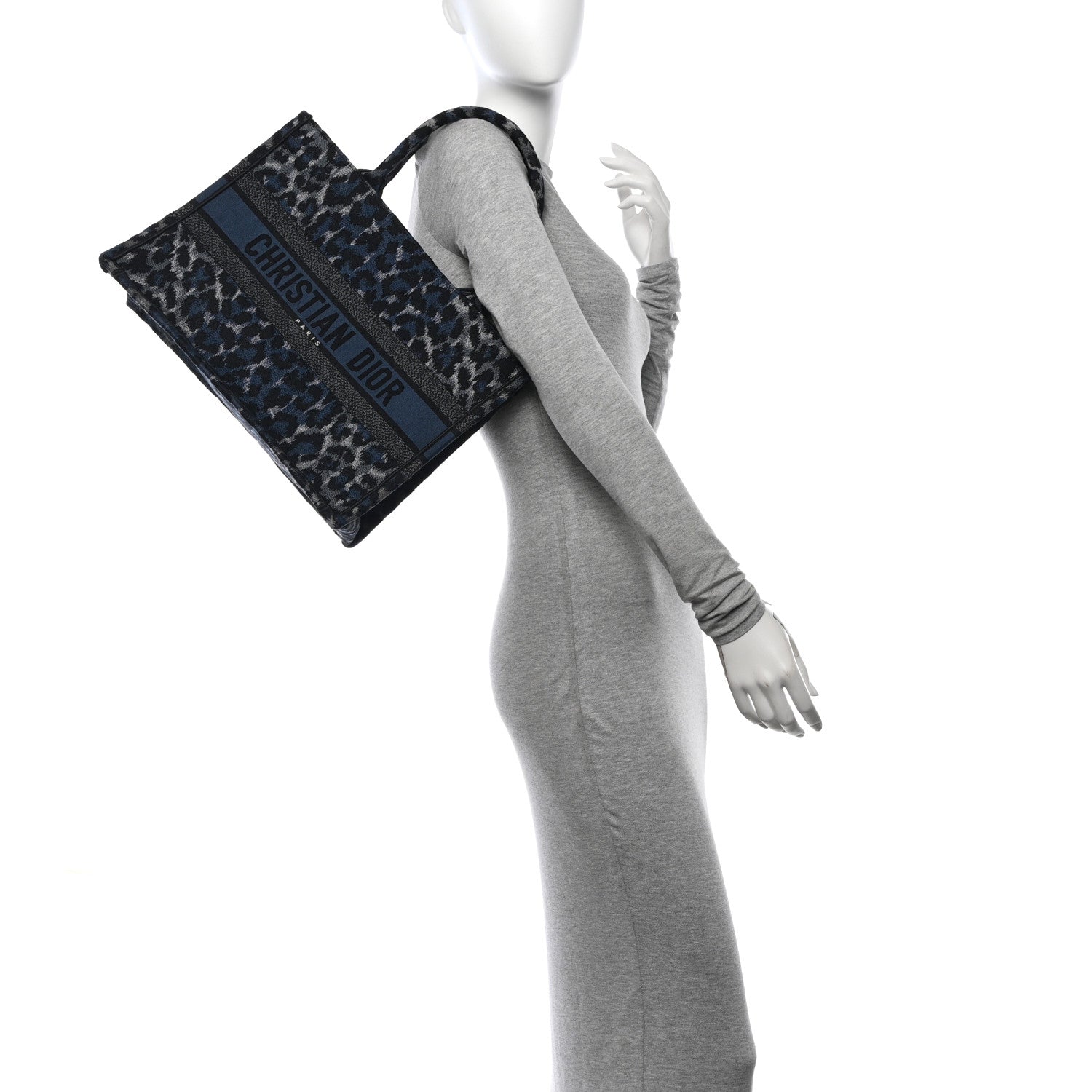 Christian Dior Canvas Mizza Embroidered Medium Leopard Book Tote Blue 2 of 14