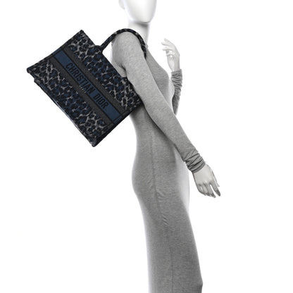 Christian Dior Canvas Mizza Embroidered Medium Leopard Book Tote Blue 2 of 14