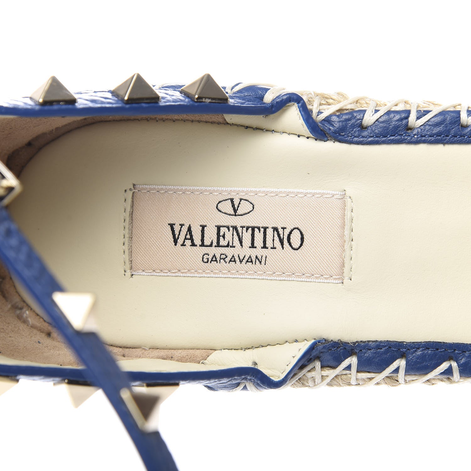 Valentino Garavani Grained Calfskin Rockstud Ankle Strap Espadrille 15/105mm Wedge Sandals 39 Blu Delft Natural 7 of 9