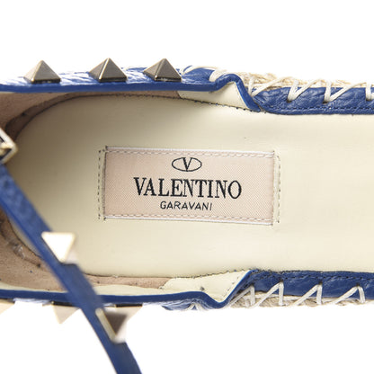 Valentino Garavani Grained Calfskin Rockstud Ankle Strap Espadrille 15/105mm Wedge Sandals 39 Blu Delft Natural 7 of 9