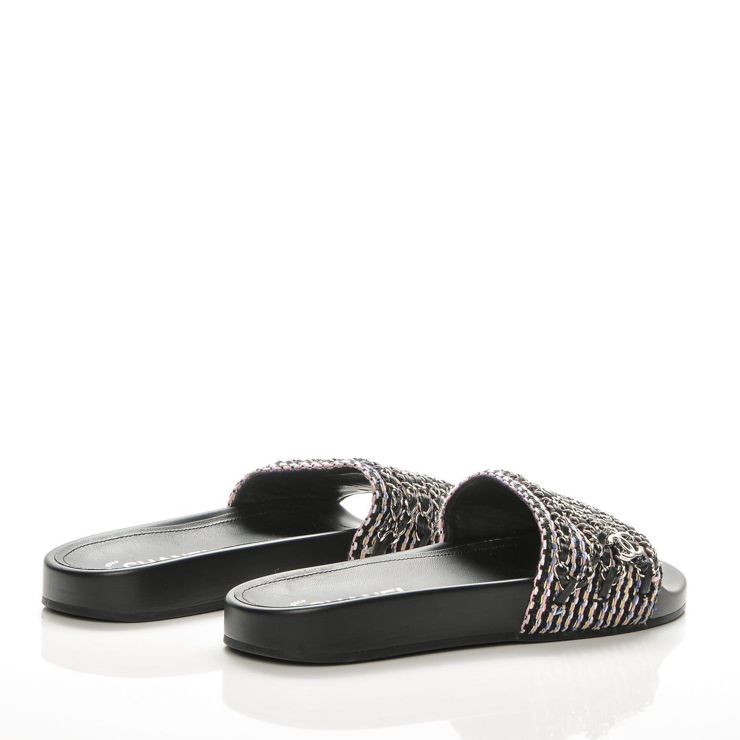 Chanel Tweed Lambskin Chain Flat Sandals 39 Black Multicolor 4 of 9