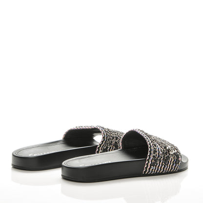 Chanel Tweed Lambskin Chain Flat Sandals 39 Black Multicolor 4 of 9