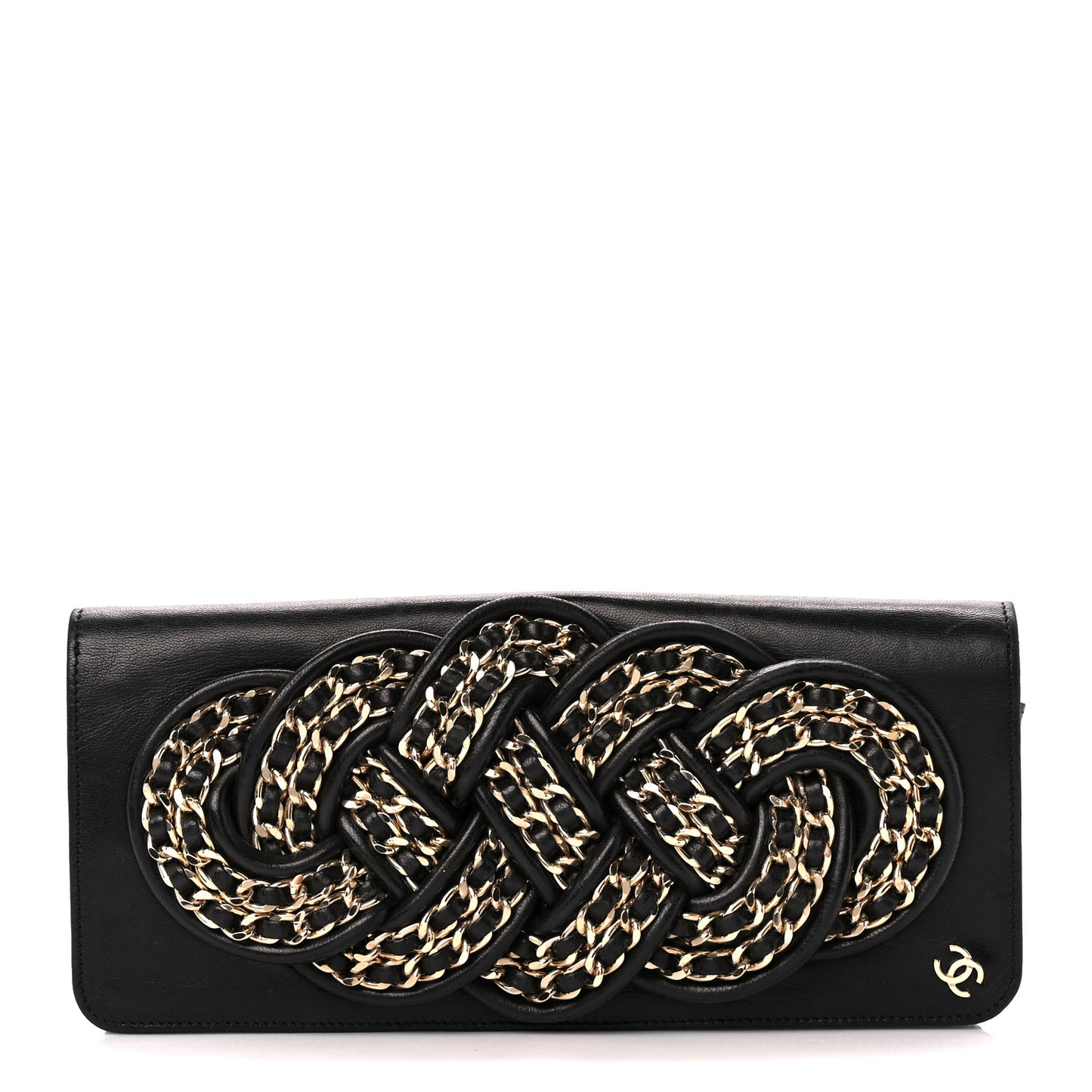 Lambskin Gold Chain Knot Clutch Black