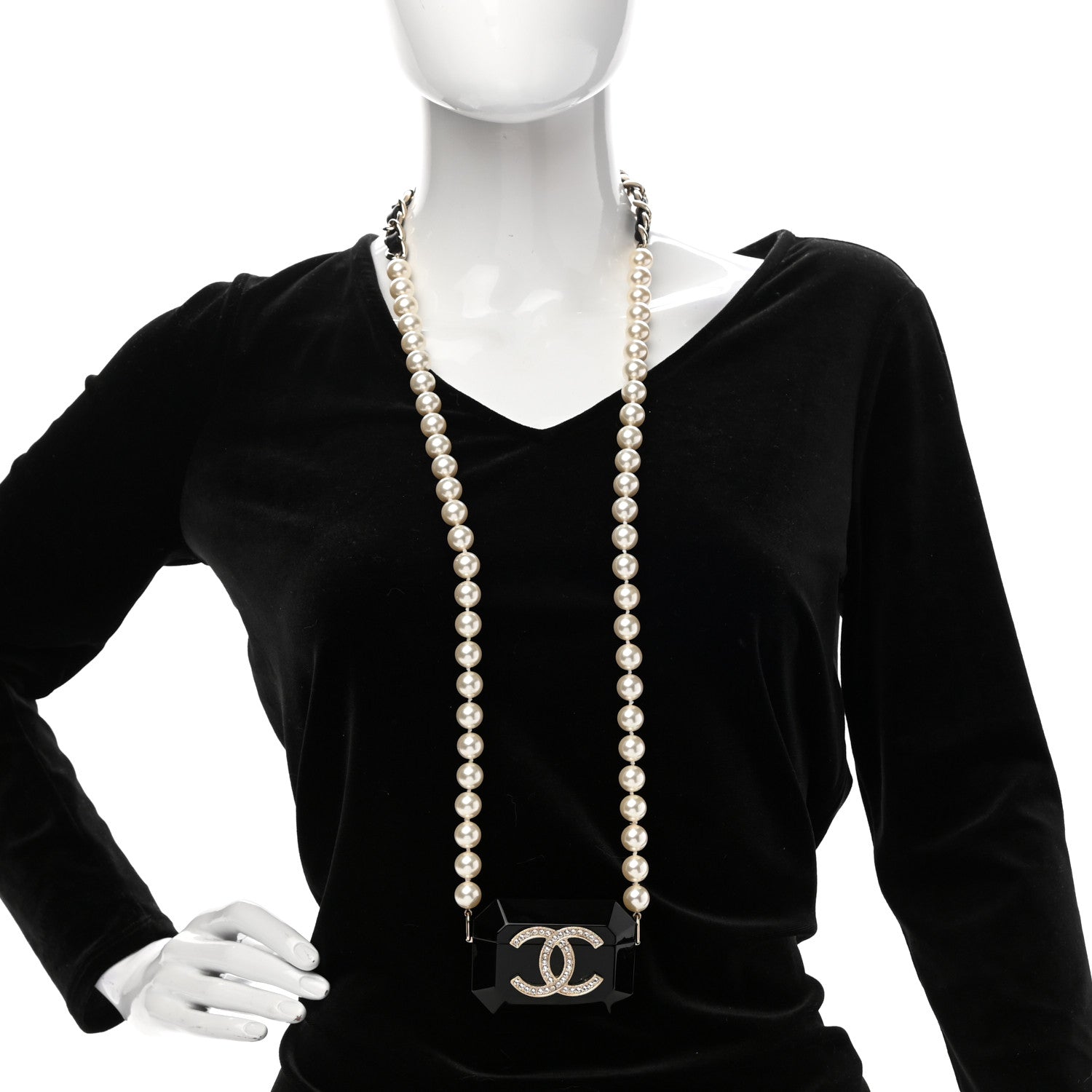 Chanel Resin Crystal Pearl Airpods Pro Holder Necklace Black Pearly White 2 of 8