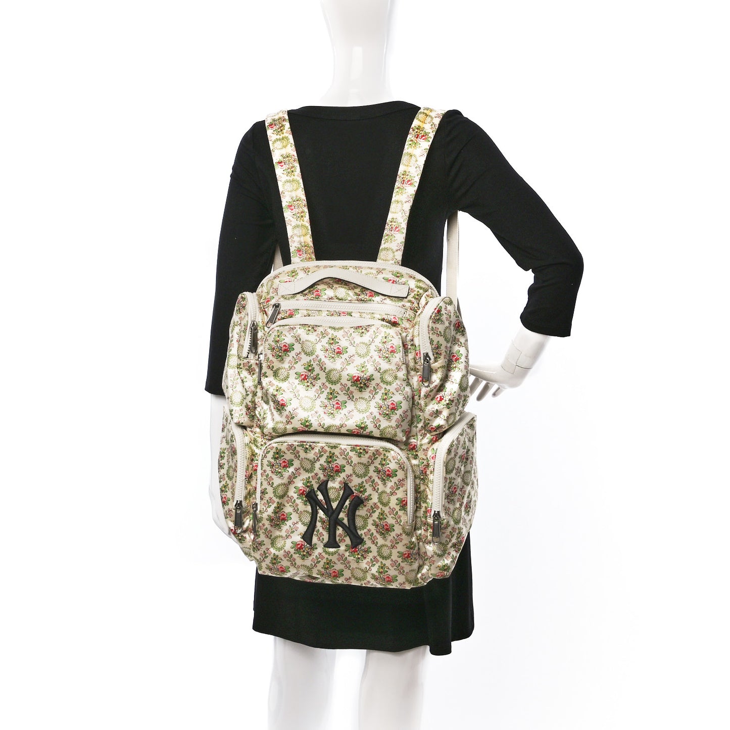 X MLB Satin Floral Print NY Yankees Patch Backpack Ivory Green