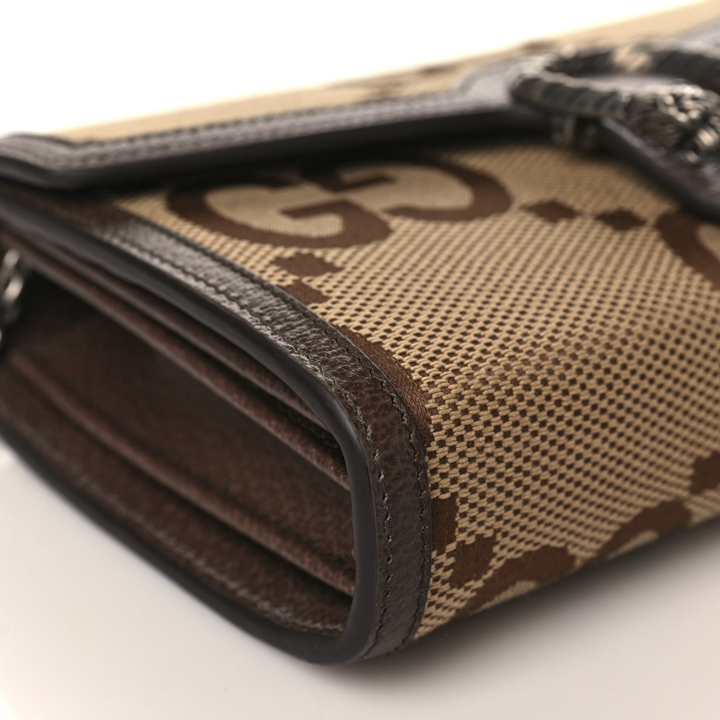 Monogram Jumbo GG Textured Dollar Calfskin Mini Dionysus Chain Wallet Camel Ebony New Acero