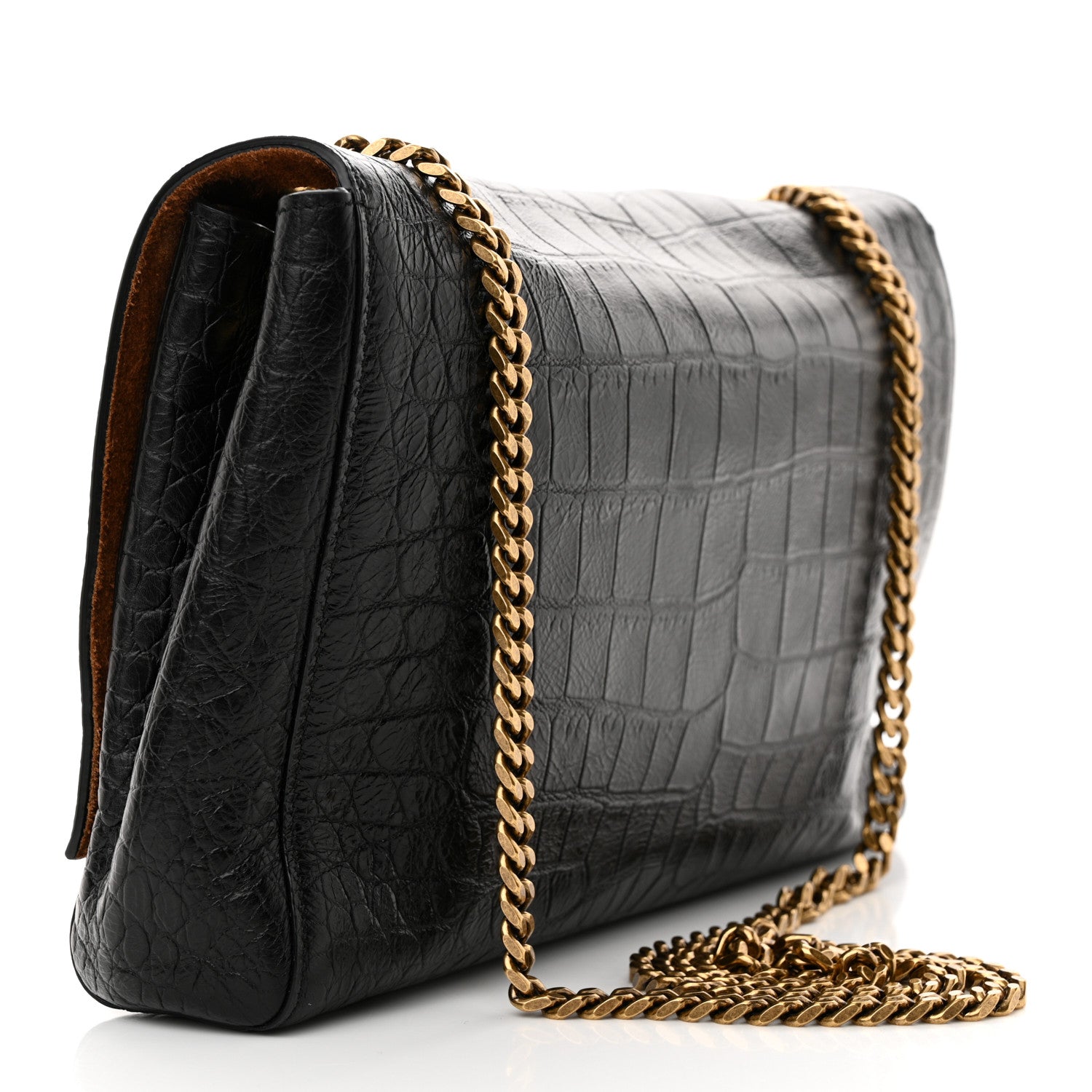 Saint Laurent Calfskin Crocodile Embossed Calfskin Medium Reversible Monogram Kate Satchel Black 3 of 11