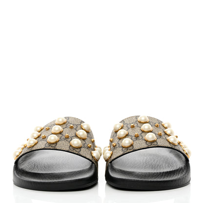 Gucci GG Supreme Monogram Pearls Slide Sandals 40 Beige 2 of 7