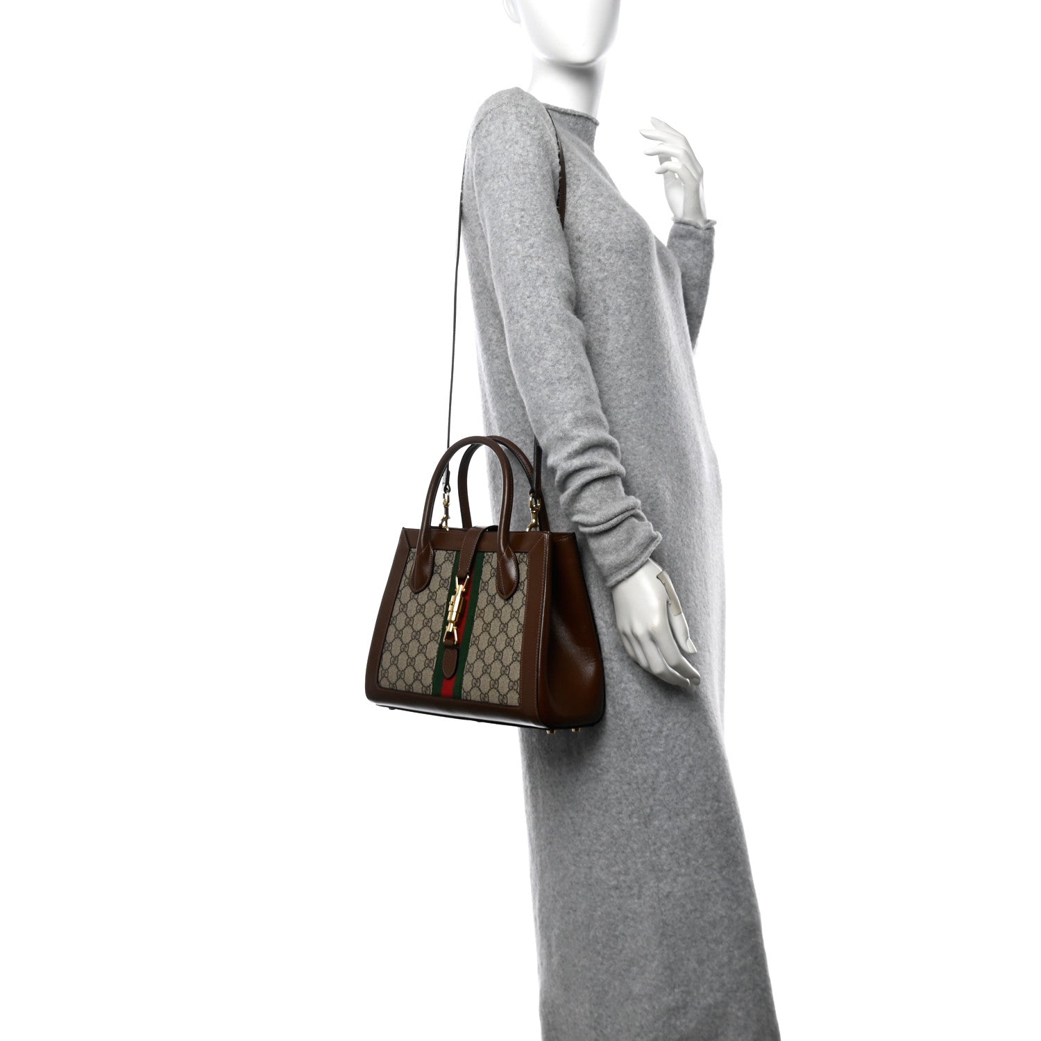 Gucci GG Supreme Monogram Azalea Calfskin Web Medium Jackie 1961 Tote Beige Ebony Brown Sugar 2 of 10