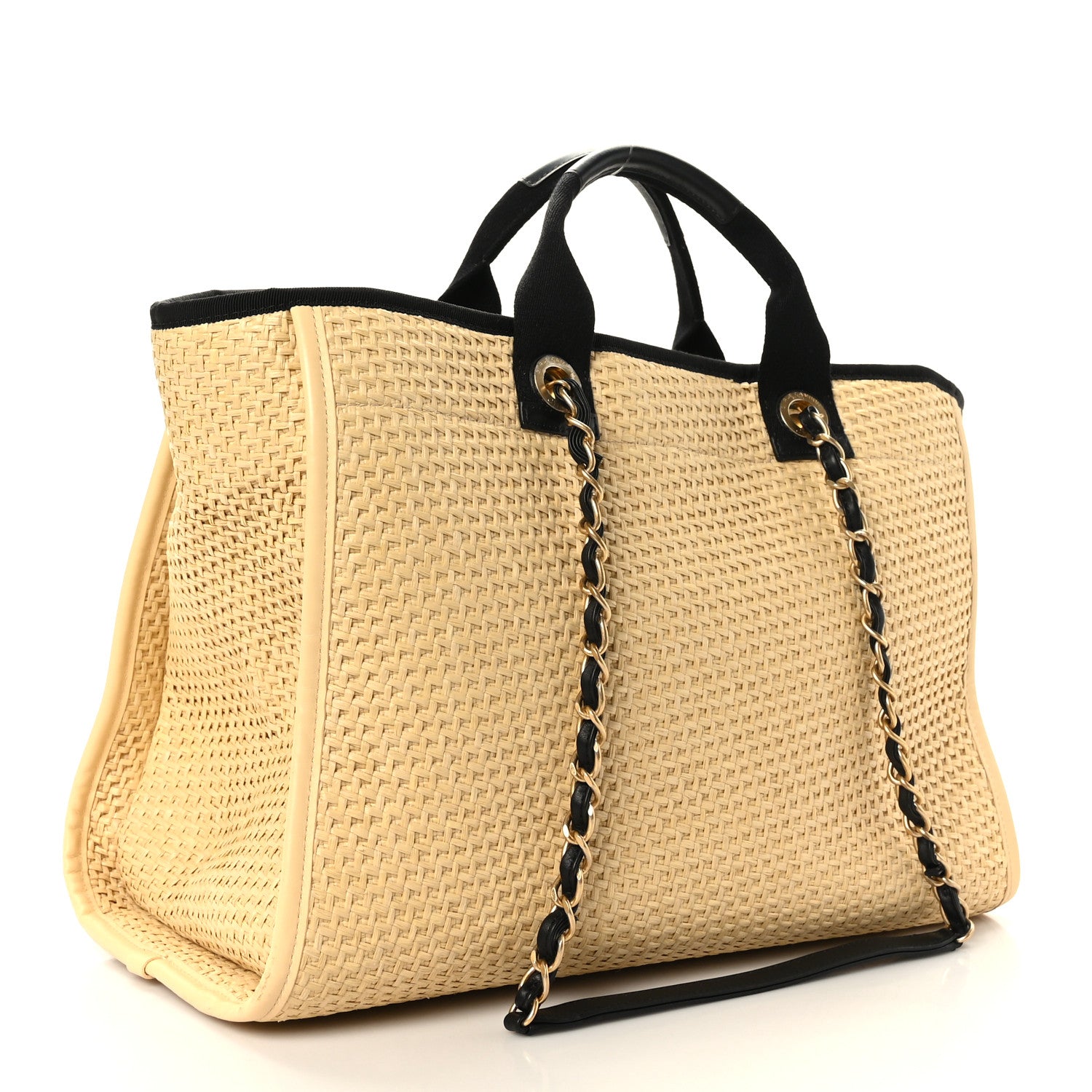 Chanel Straw Raffia Calfskin Chain Deauville Tote Beige Black 2 of 10