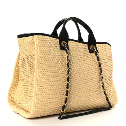 Chanel Straw Raffia Calfskin Chain Deauville Tote Beige Black 2 of 10