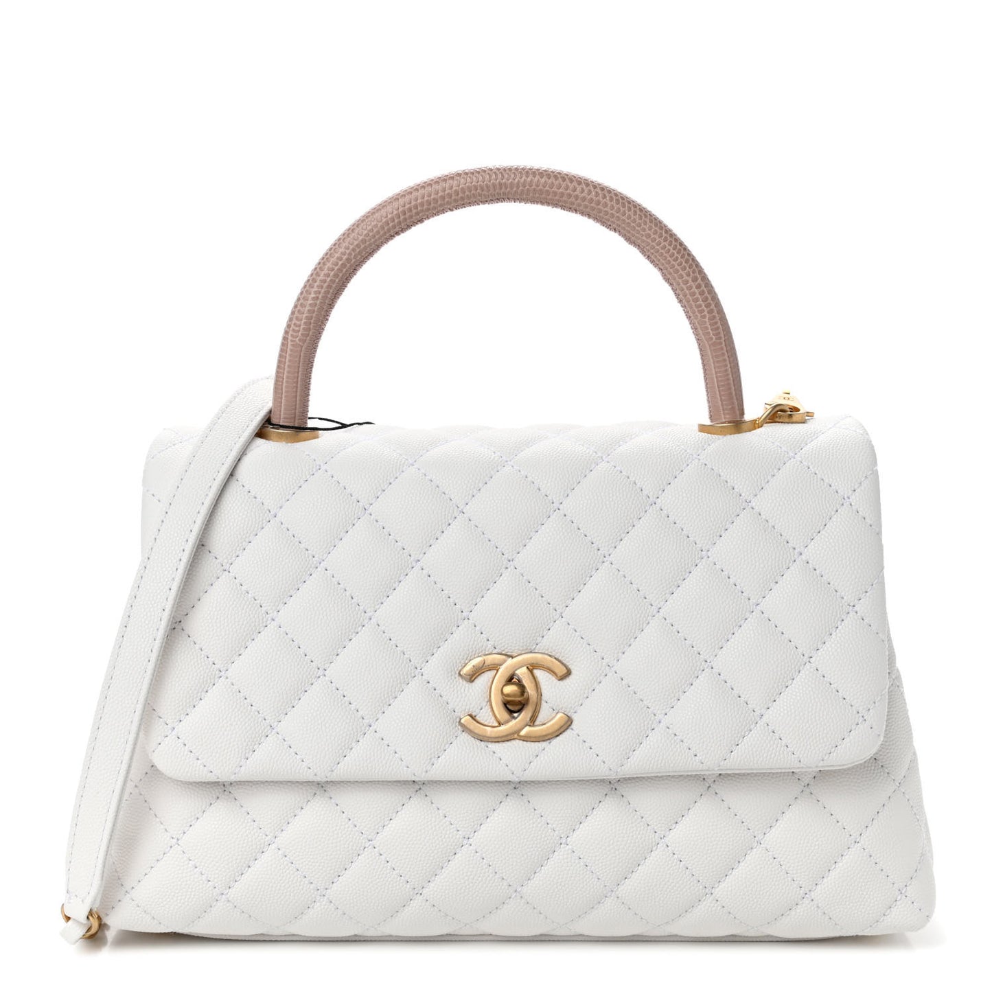 Caviar Lizard Quilted Small Coco Handle Flap White Beige
