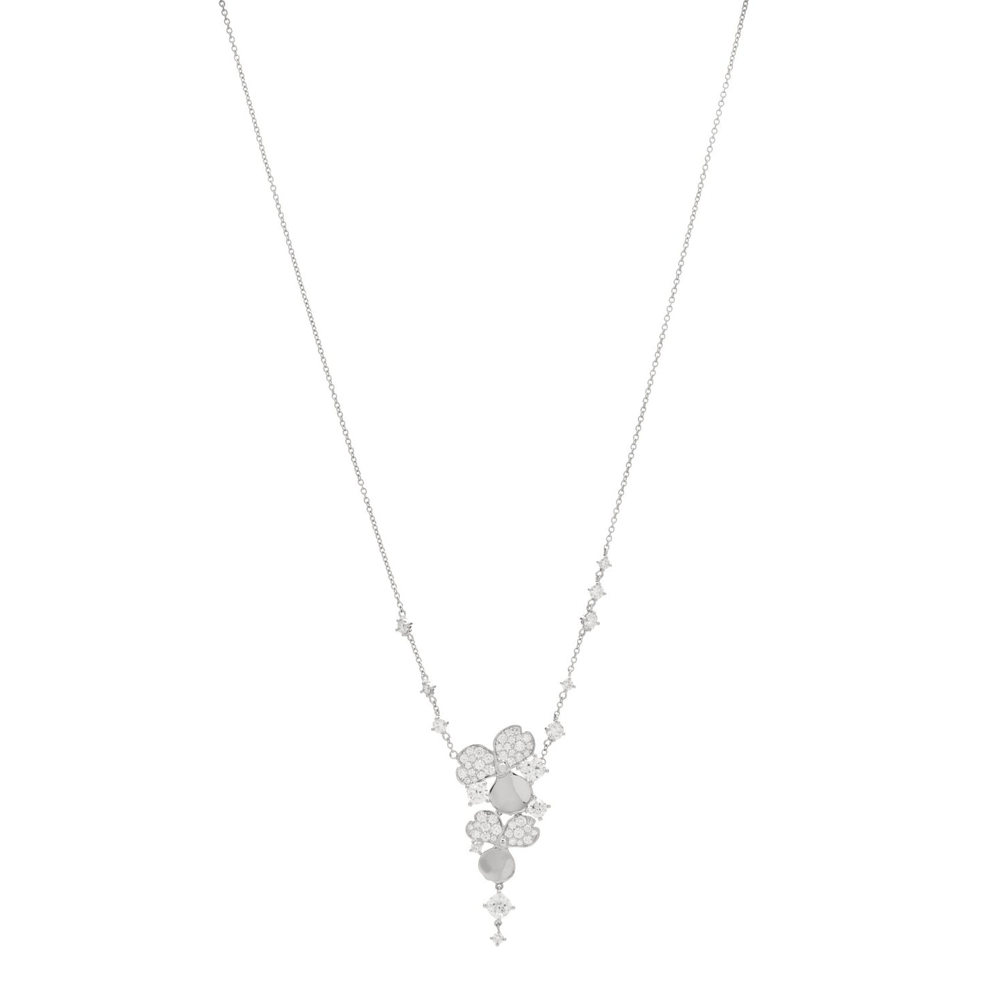Platinum Diamond Paper Flowers Cluster Drop Pendant Necklace