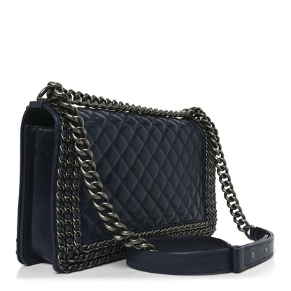 Chanel Glazed Calfskin Quilted New Medium Boy Chained Flap Navy 3 of 10